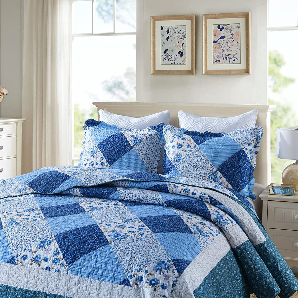 Marcielo 2-Piece Embroidered Pillow Shams, Queen Decorative Microfiber Pillow Shams Set Standard Size (Blue Floral)