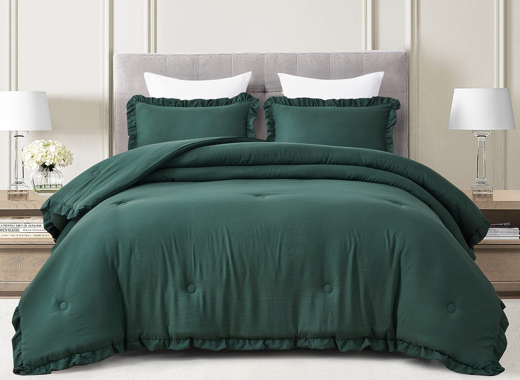 Chezmoi Collection Nora Emerald Green Comforter Set Full Size 3-Piece Fluffy Soft Lightweight Bedding Ruffled Edge Trim Stone-Wa