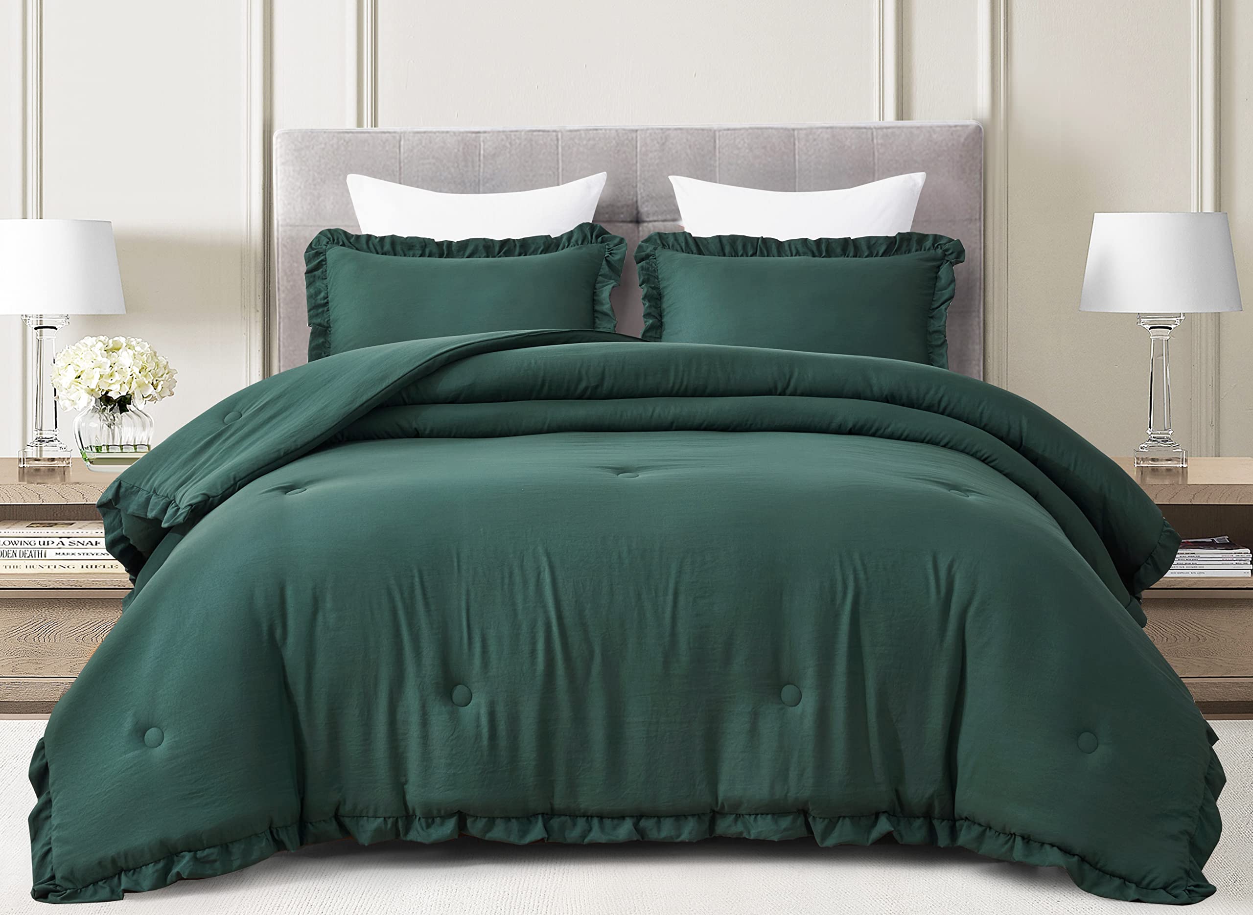 Chezmoi Collection Nora Emerald Green Comforter Set Full Size 3-Piece Fluffy Soft Lightweight Bedding Ruffled Edge Trim Stone-Wa