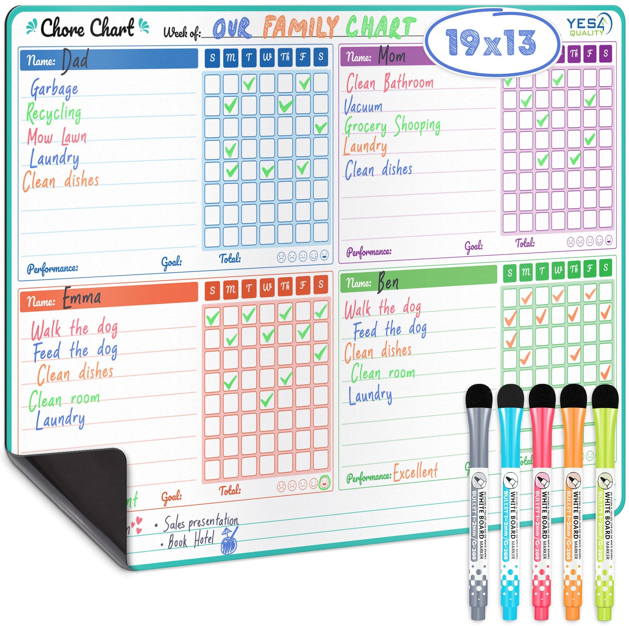Yes4Quality Magnetic Dry Erase Chore Chart (19' X 13'), Behavior Chart For Multiple Kids, Family Weekly Chores Checklist, Stai