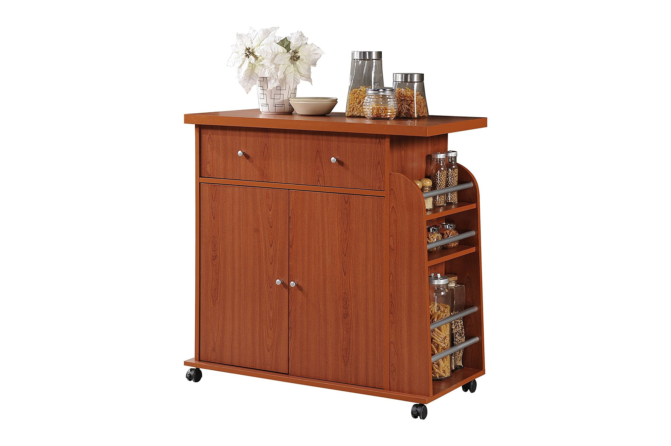 Hodedah Import Kitchen Island with Spice Rack and Towel Rack, Cherry