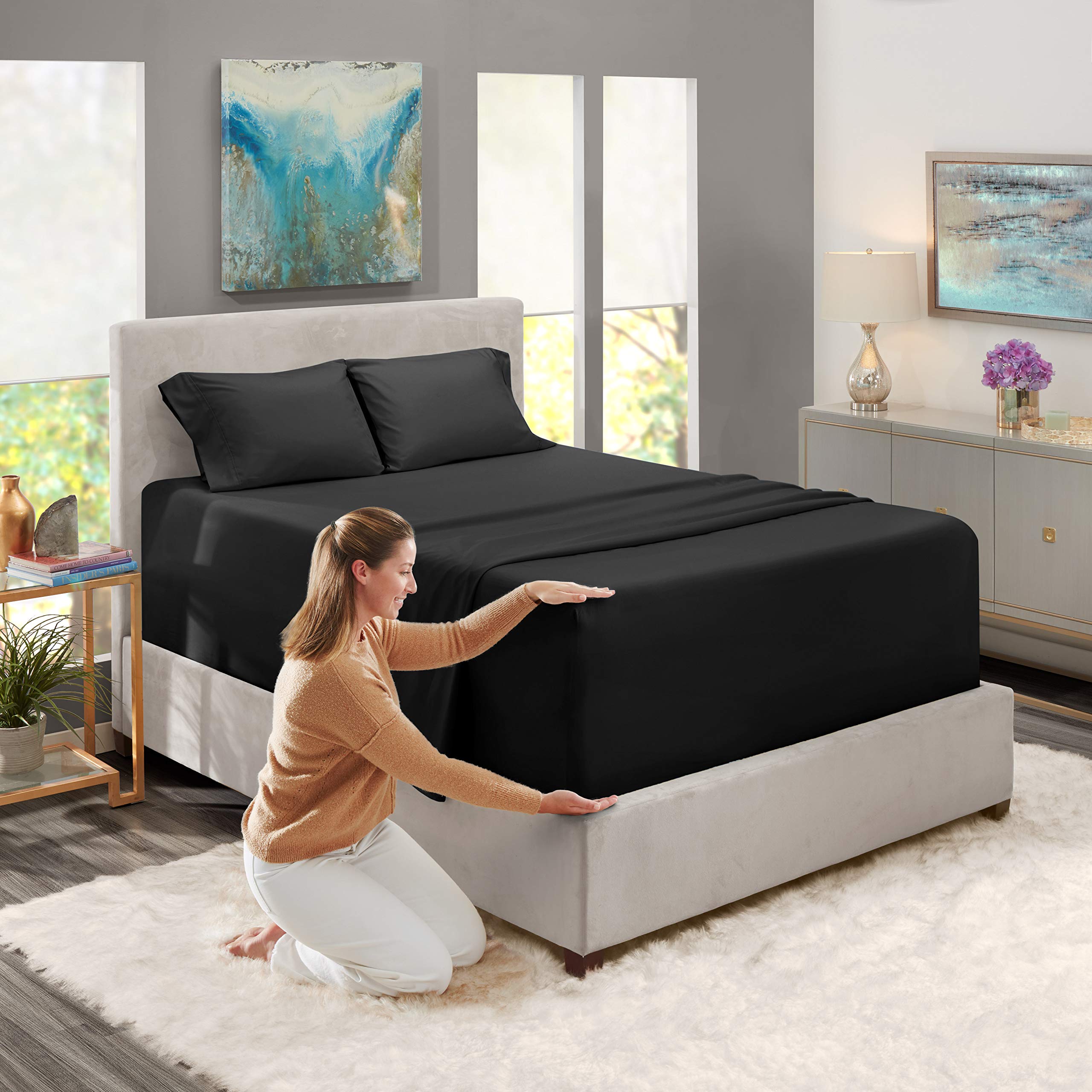 Nestl Extra Deep Pocket Sheets - Fits Mattress 18-24 Inches Deep, Extra Deep Pocket Twin Sheets Sets, 4 Piece Twin Size Sheets, Twin Sheets Deep Pocket, Black Sheets