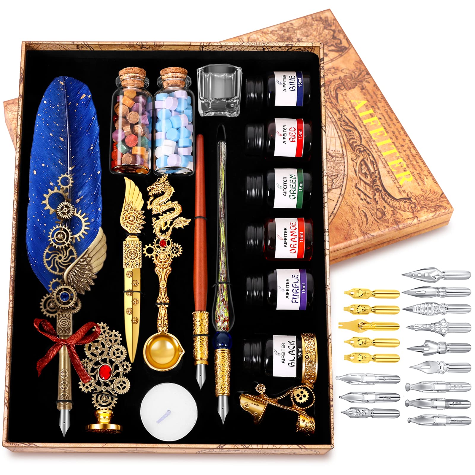 Quill Pen Ink Set-Feather Calligraphy Pen And Ink Set,Includes 6 Bottles Of Ink,Quill Pen,Glass Dipping Pen,Wooden Dipping Pen,1