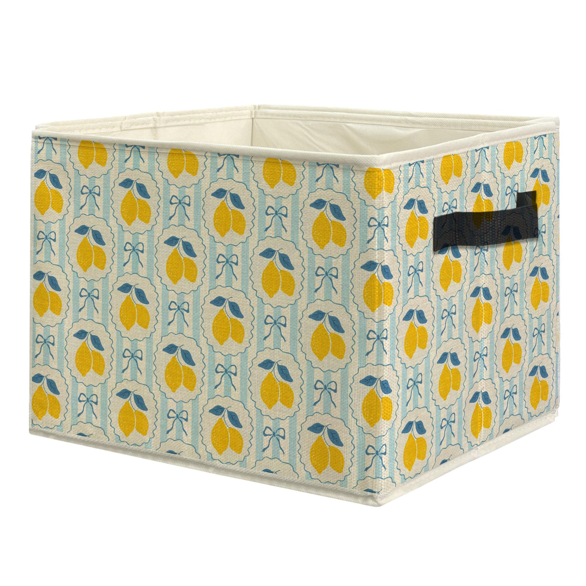 uinwk Coquette Blue Bow Lemon Storage Bins, Trendy Preppy Blue Striped Lemon Collapsible Storage Box Laundry Basket with Handle 