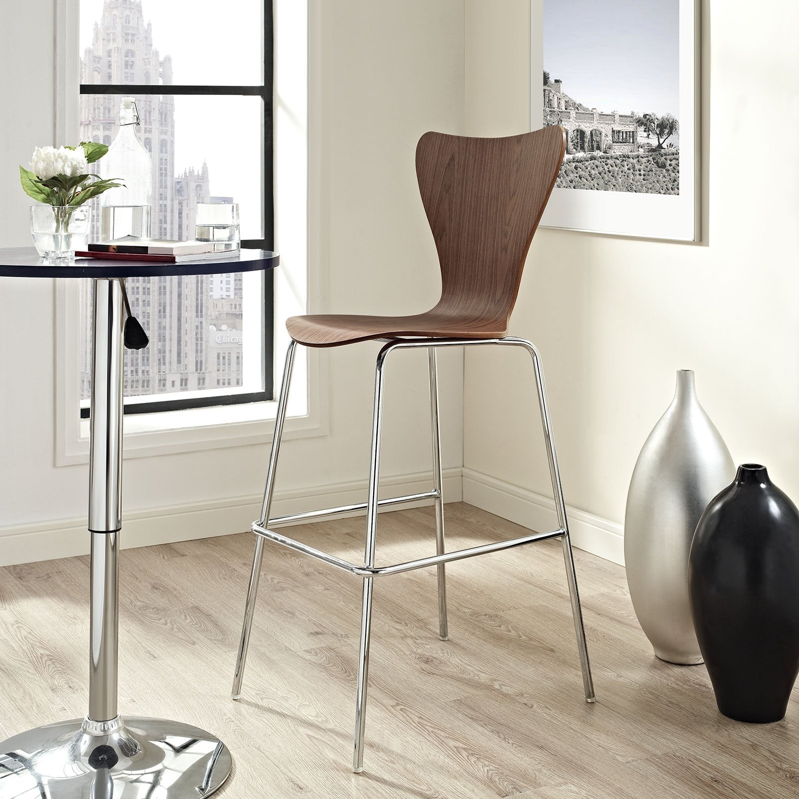 Modway Ernie Mid-Century Modern Wood Bar Stool in Walnut