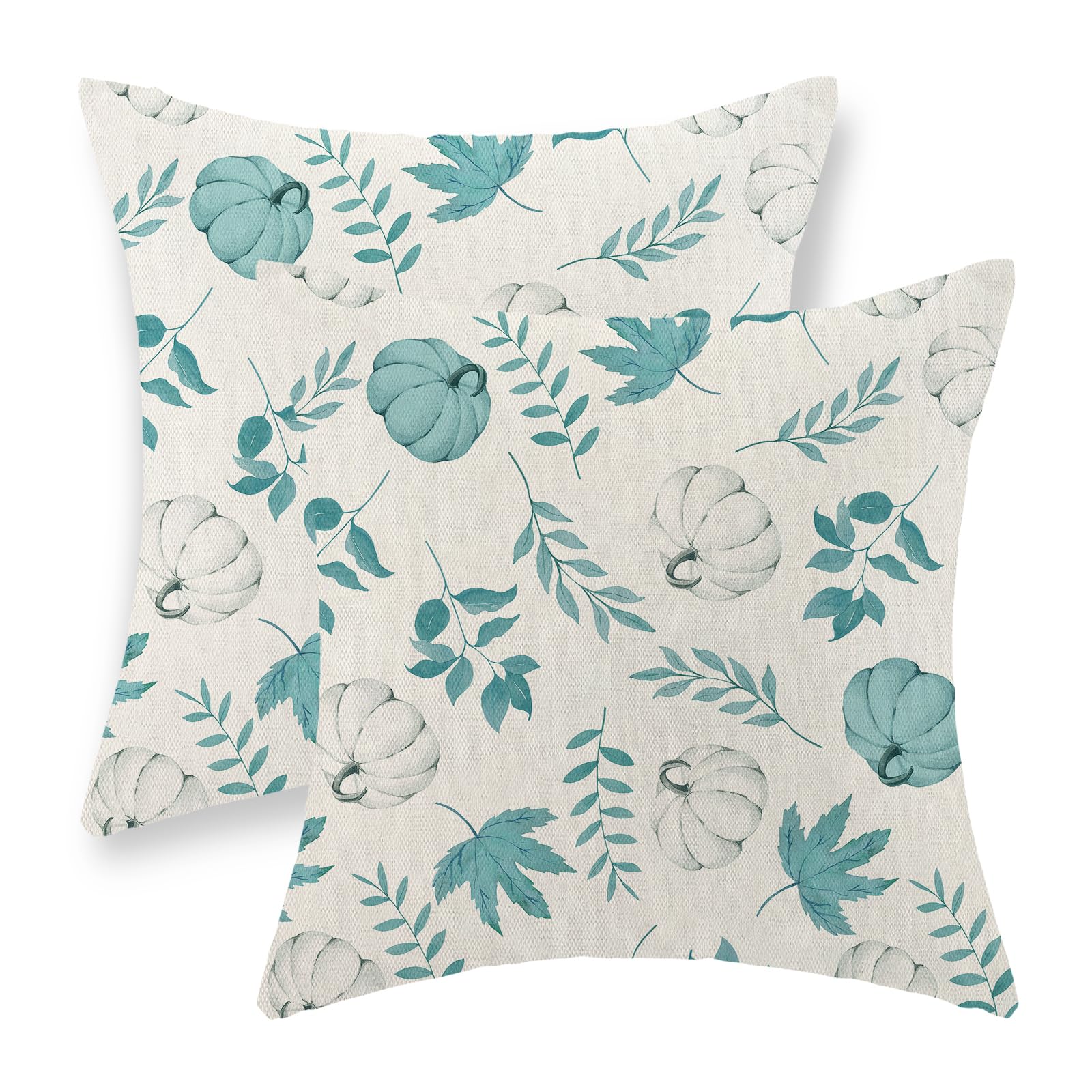 Gohdiwh Fall Pillow Covers 18x18 Set of 2 Aqua Teal Pumpkin Maple Leaf Pillowcase Autumn Thanksgiving Decorations Outdoor Throw 