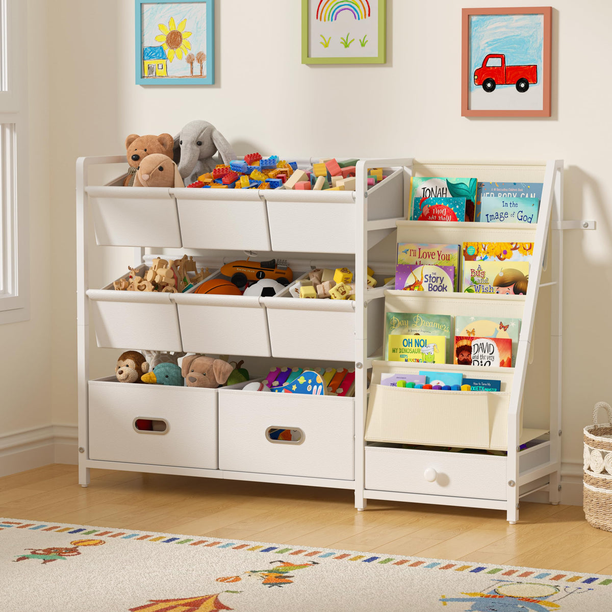 Rivpines Kids Toy Storage Organizer, Kids Bookshelf and Toy Storage with 9 Bins, Montessori Toddler Bookshelf, Playroom Storage 