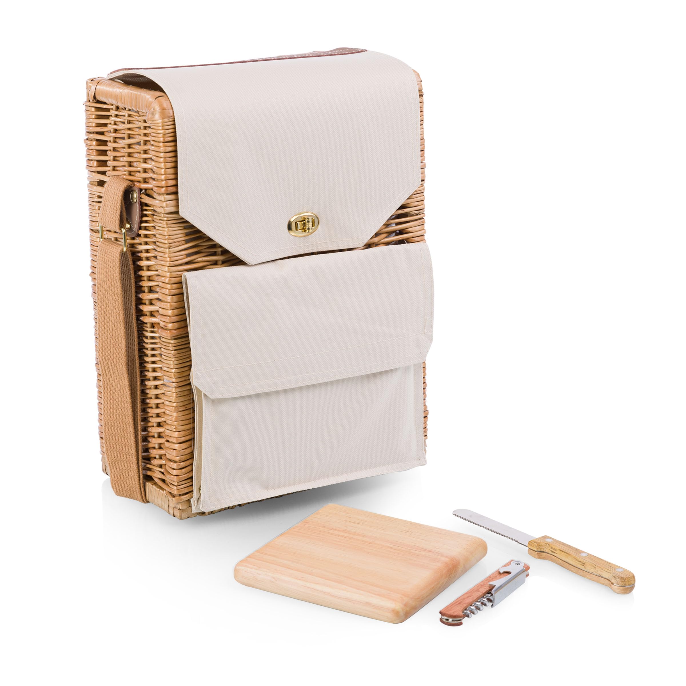 PICNIC TIME Corsica Wine and Cheese Picnic Basket - Wine Tote Bag - Gift for Wine Lovers, (Beige Canvas), 12 x 7 x 17