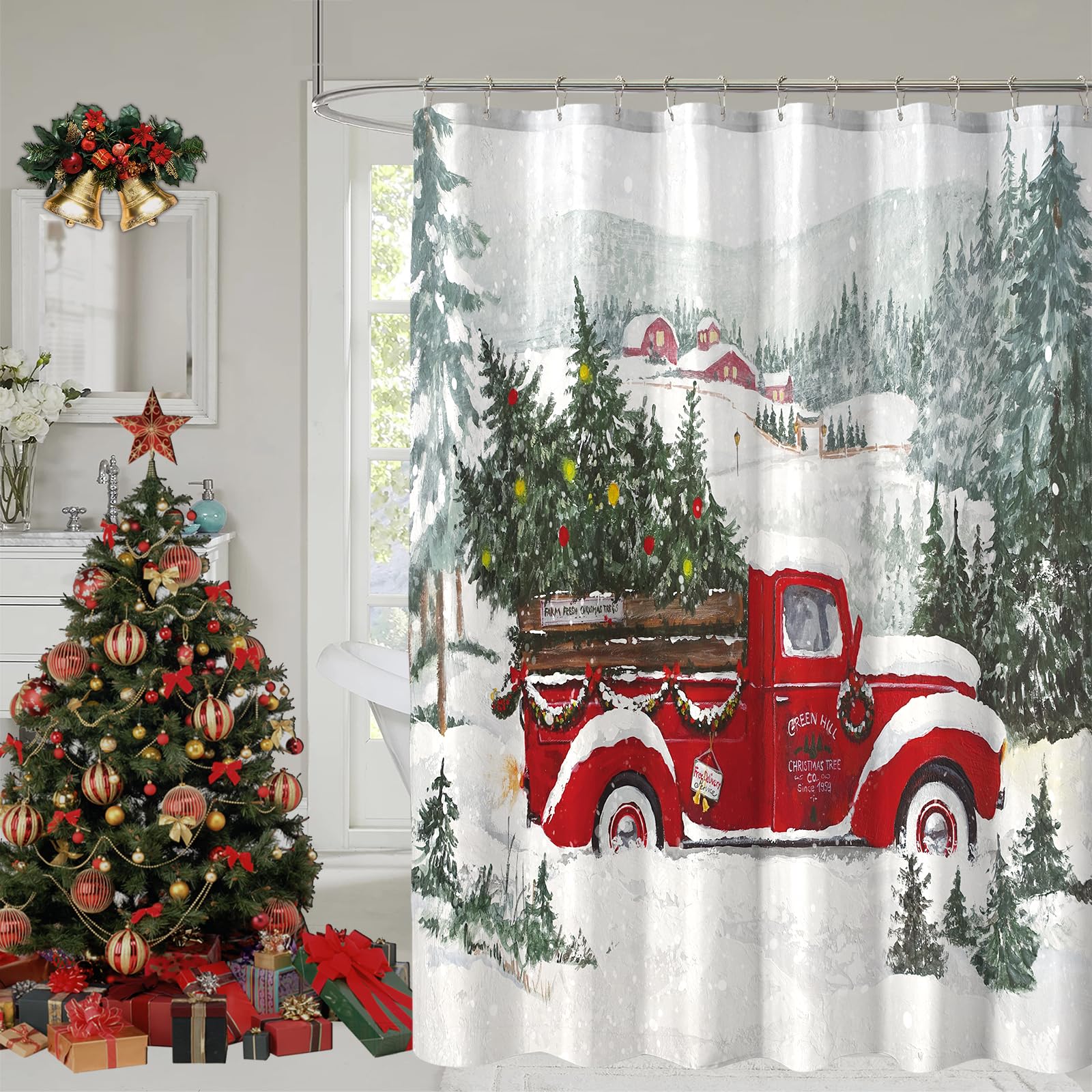 Yostev Christmas Shower Curtain Red Truck Christmas Tree Shower Curtains For Bathroom Winter Vintage Rustic Retro Farmhouse Bath