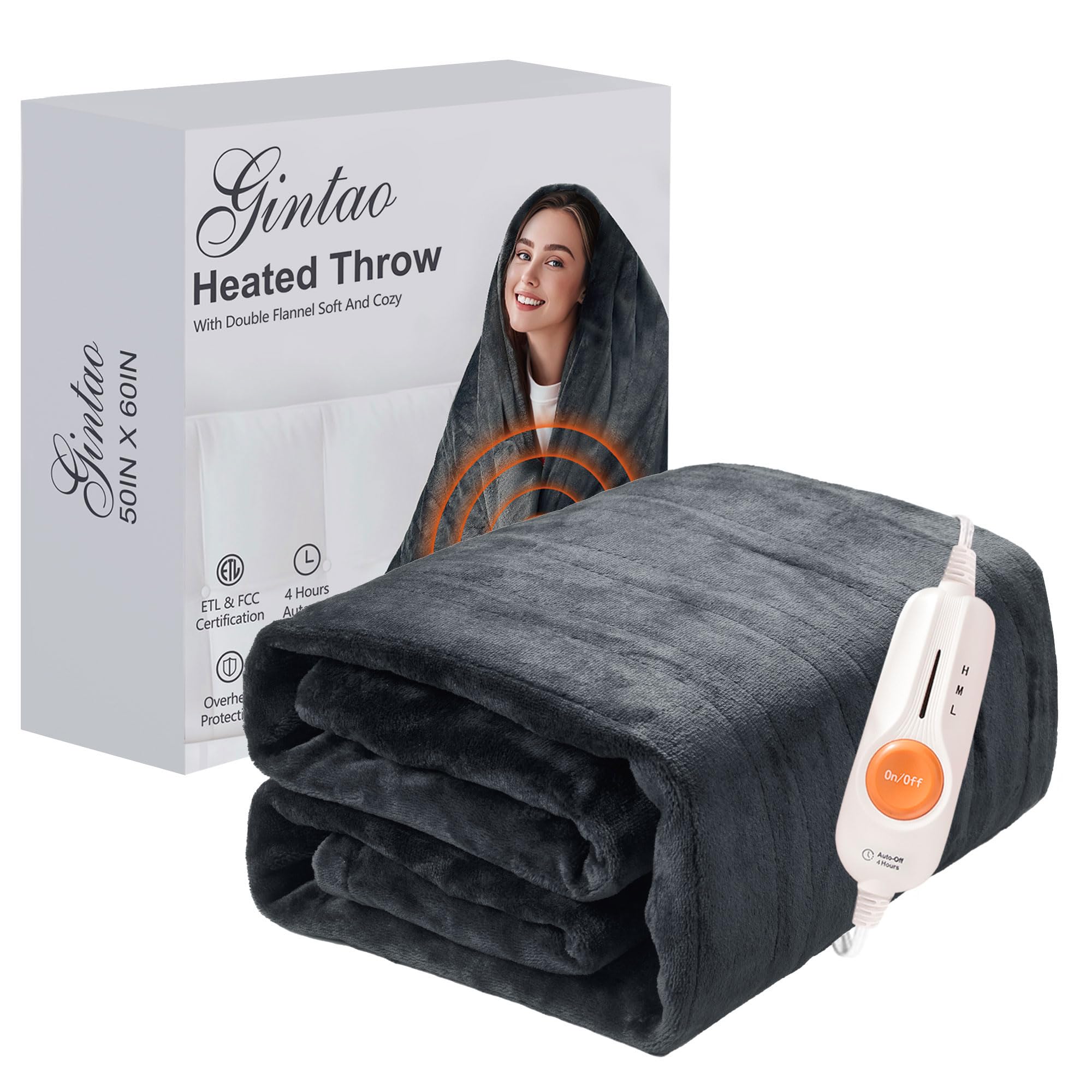 Gintao Heated Blanket Throw,Double Flannel Electric Blanket With 3 Heating Levels,Etl&Fcc Certified, 4 Hours Auto Off Overheat P