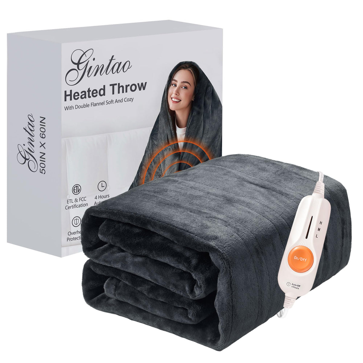 Gintao Heated Blanket Throw,Double Flannel Electric Blanket With 3 Heating Levels,Etl&Fcc Certified, 4 Hours Auto Off Overheat P