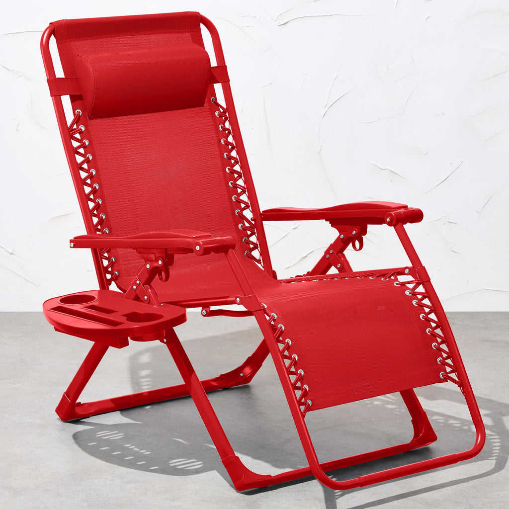 Best Choice Products Adjustable Zero Gravity Chair, Monochromatic Color Folding Patio Recliner W/Side Tray, Headrest - Chili