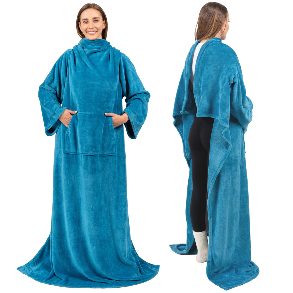 Pavilia Teal Blue Fleece Wearable Blanket With Sleeves For Adults Women Men, Soft Warm Full Body Wrap Throw, Sweatshirt Pocket,