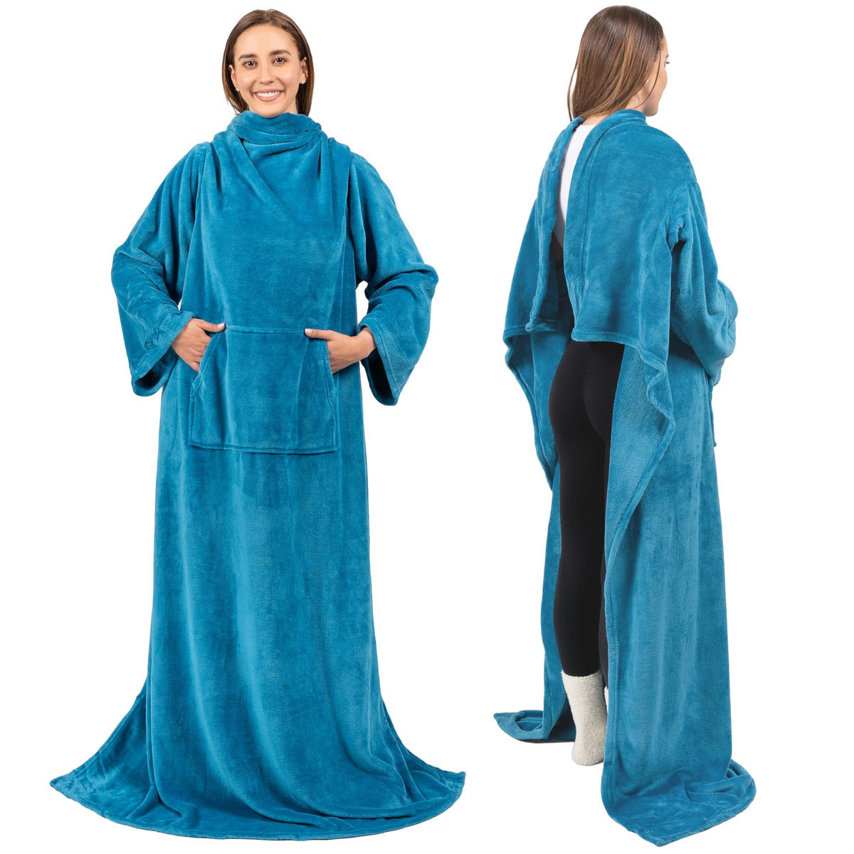 Pavilia Teal Blue Fleece Wearable Blanket With Sleeves For Adults Women Men, Soft Warm Full Body Wrap Throw, Sweatshirt Pocket,
