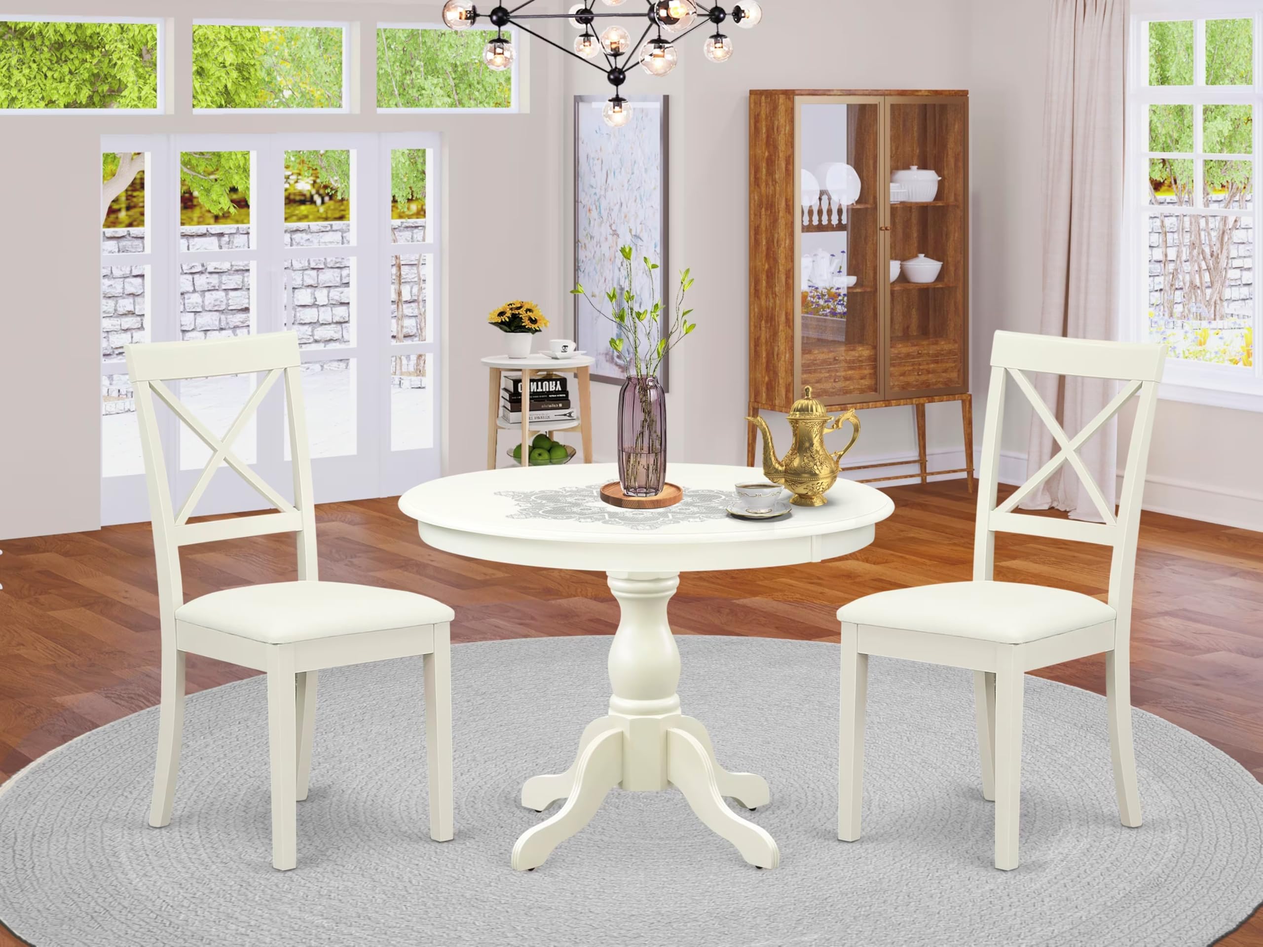 East West Furniture HBBO3-LWH-C 3 Piece Modern Dining Table Set Contains a Round Wooden Table with Pedestal and 2 Linen Fabric Kitchen Dining Chairs, 42x42 Inch, Linen White