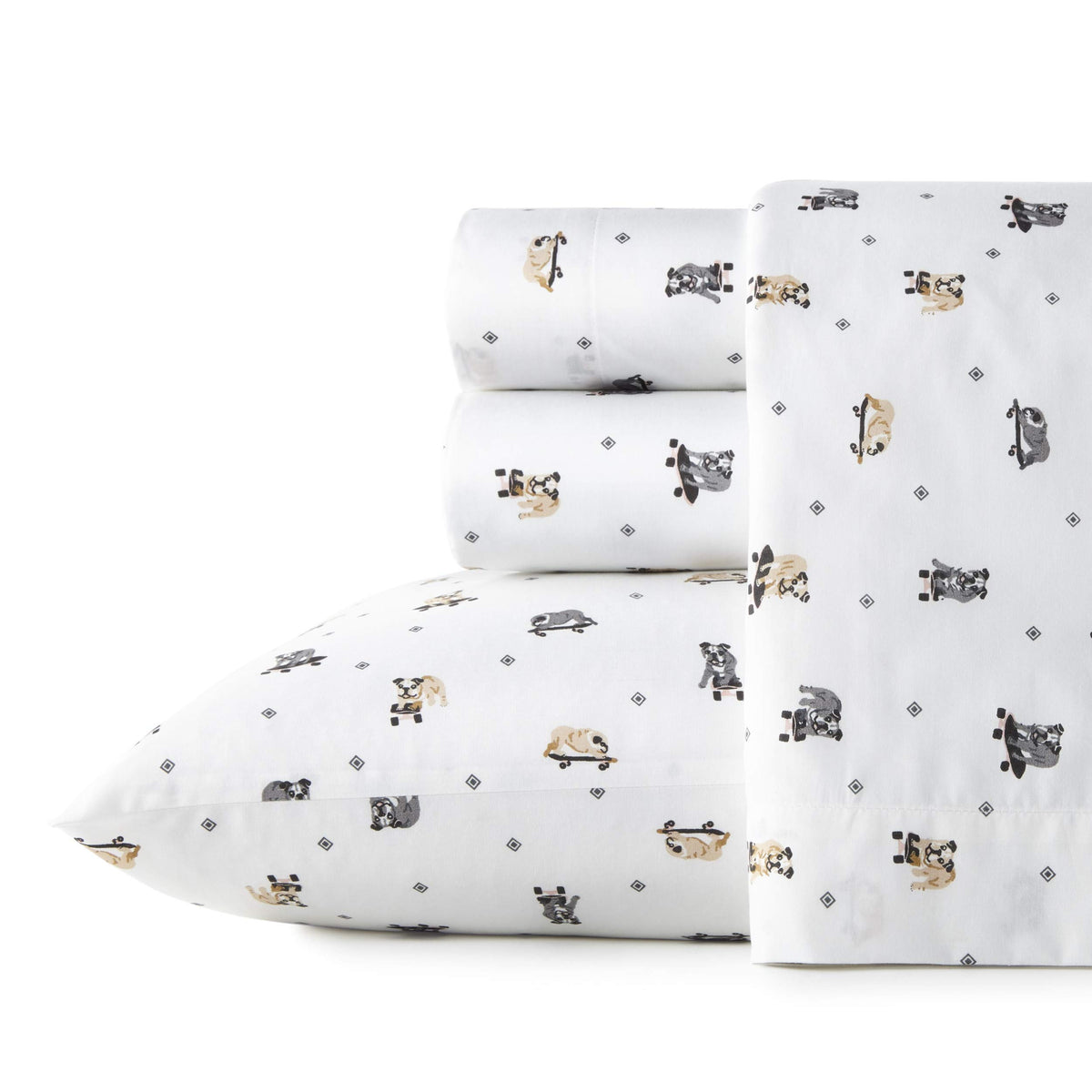 Poppy & Fritz - Twin Sheets, Cotton Percale Bedding Set, Crisp & Cool, Lightweight Home Decor (Skateboarding Bulldogs, Twin)