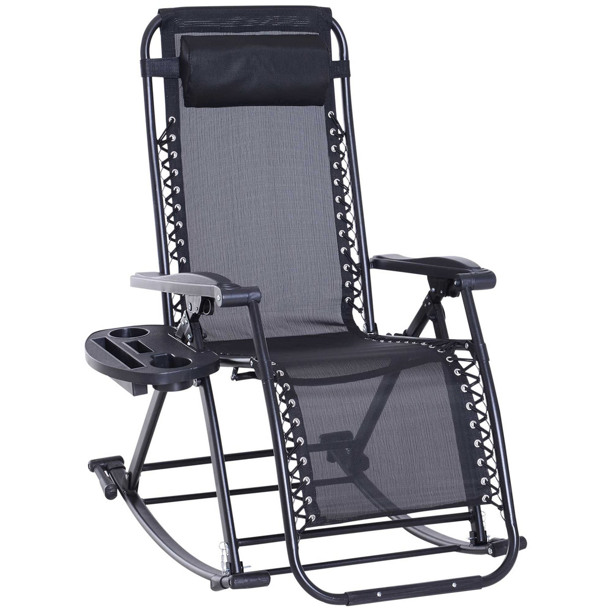 Outsunny Outdoor Rocking Chairs, Foldable Reclining Zero Gravity Lounge Rocker With Pillow, Cup & Phone Holder, Combo Design With Folding Legs, Black