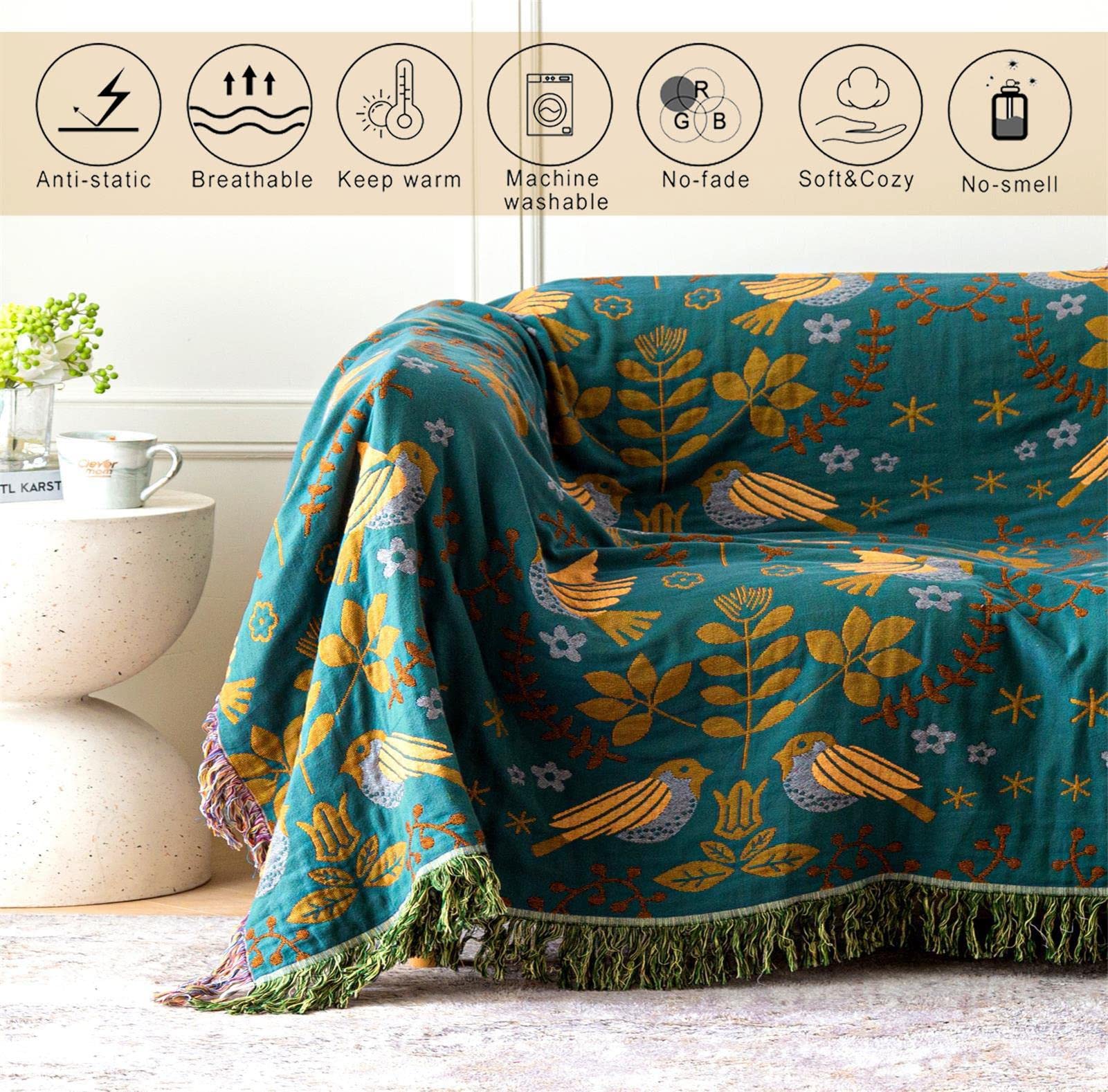 Msgkv Boho Throw Blanket 100% Cotton Blankets For Bed Couch 60'X80', Soft Fall Mexican Blanket Travel Boho Quilt Muslin Blanket