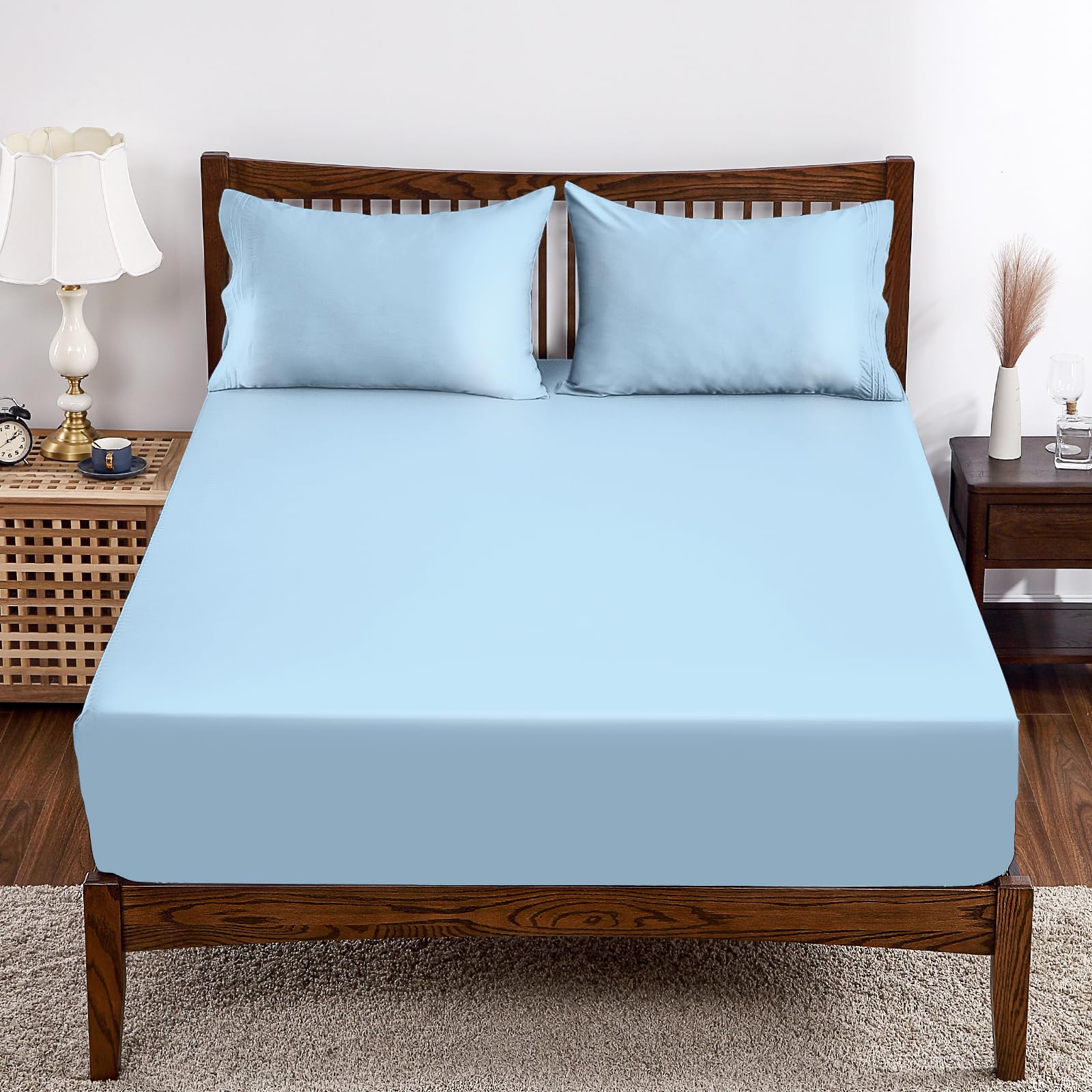Bamboo Viscose Fitted Sheet 1 Pack Queen Size Only,400 Thread Count,8-16'' Deep Pocket,Bottom Sheet Colorfast Soft & Silky & Bre