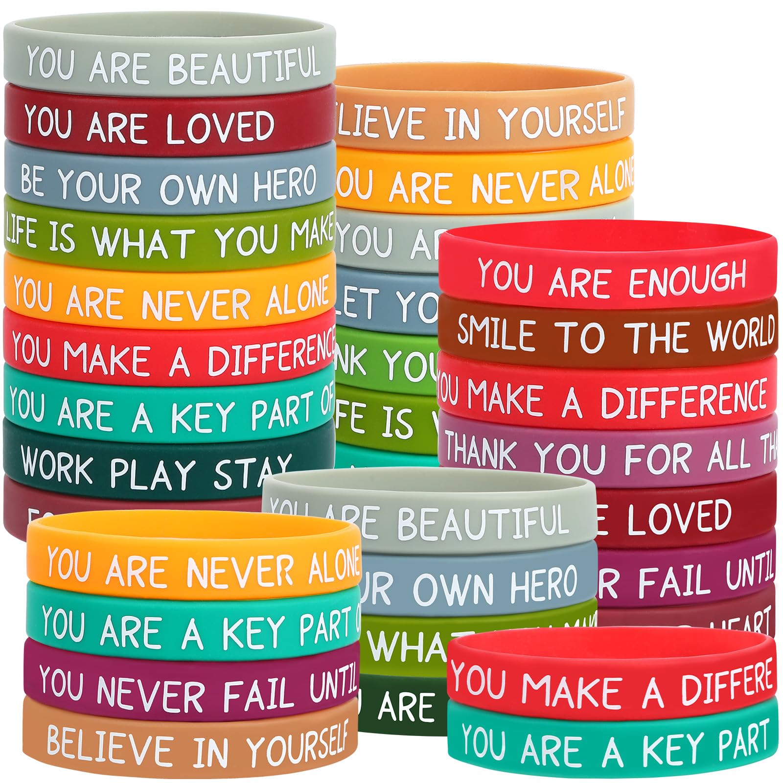 Junebrushs 64Pcs Motivational Silicone Bracelets Bulk Colored Inspirational Rubber Wristbands Unisex For Student Teacher Office