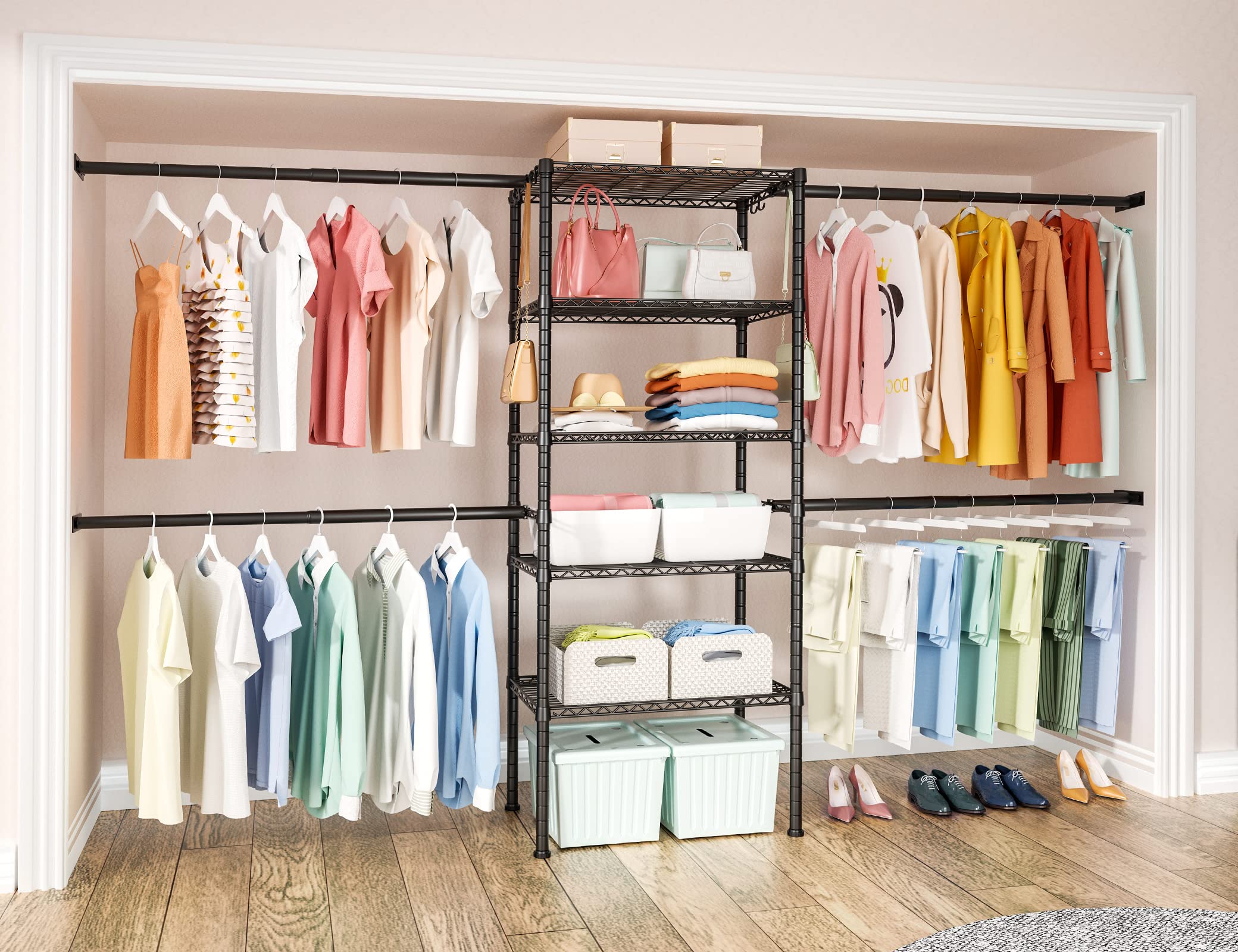 Ulif M2 Closet Organizer System, 5.9 Feet Height Mounted to the Wall Garment Rack with 4 Expandable Hanger Rods, 5 Shelves in 23
