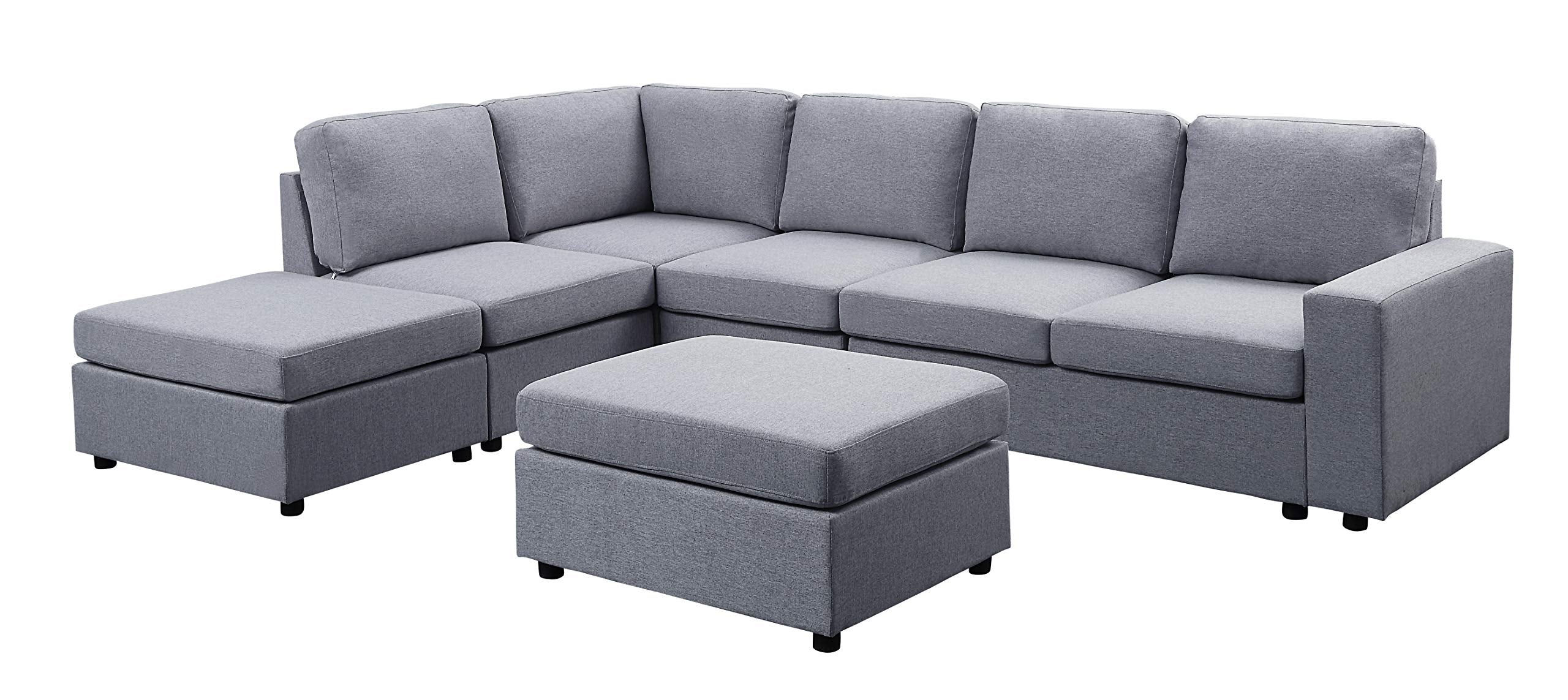 Lilola Home Cassia Light Gray Linen 7 Seat Reversible Modular Sectional Sofa with Ottoman - Thumbnail 2