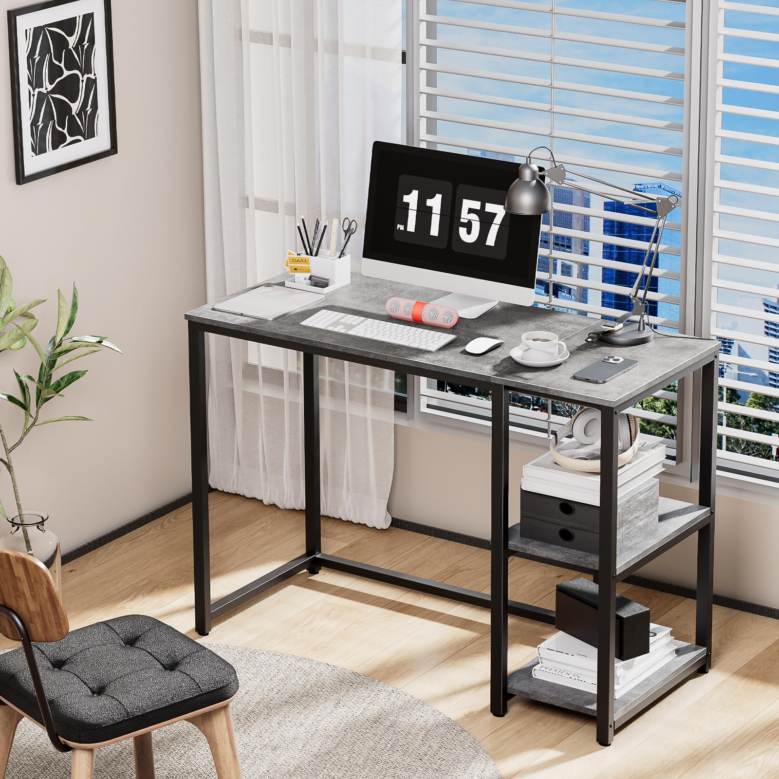 Sinpaid Computer Desk 40 Inches With 2-Tier Shelves Sturdy Home Office Desk With Large Storage Space Modern Gaming Desk Study Writing Laptop Table, Gray Desk