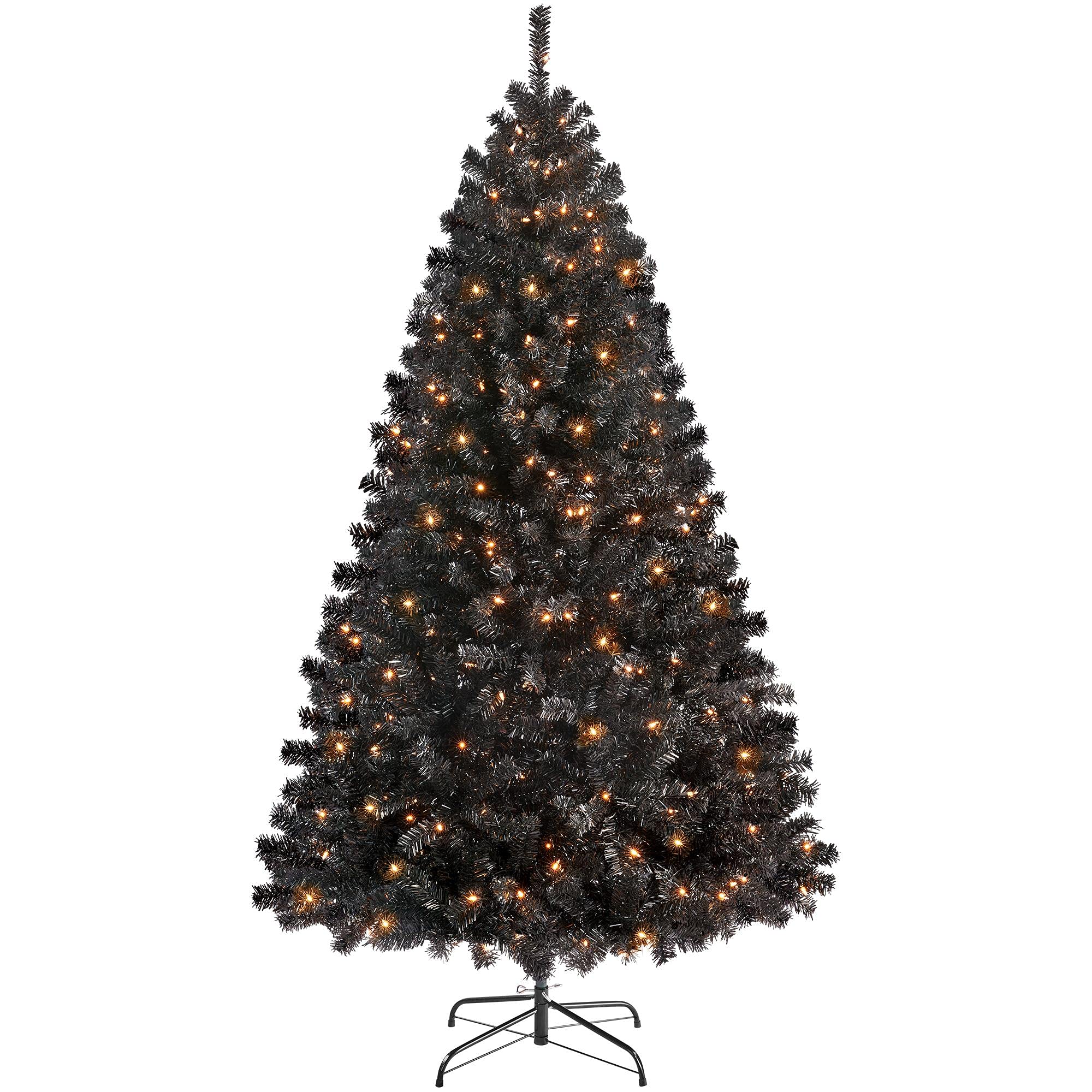 Yaheetech 6ft Pre-lit Halloween Black Spruce Artificial Hinged Christmas Pine Tree Prelighted Xmas Tree for Home Party Holiday D