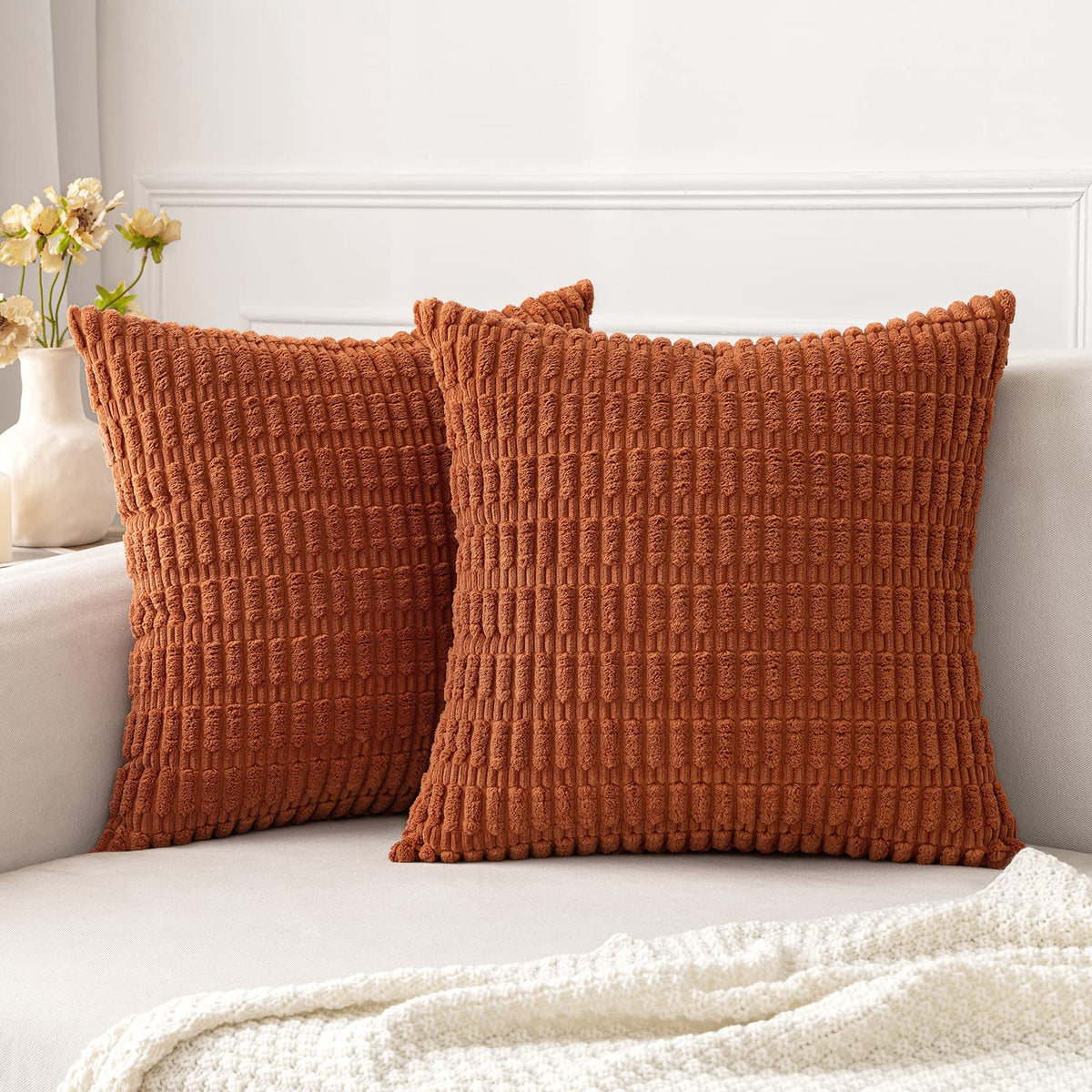 Miulee Pack Of 2 Corduroy Decorative Throw Pillow Covers 12X12 Inch Soft Boho Striped Fall Pillow Covers Modern Farmhouse Home D