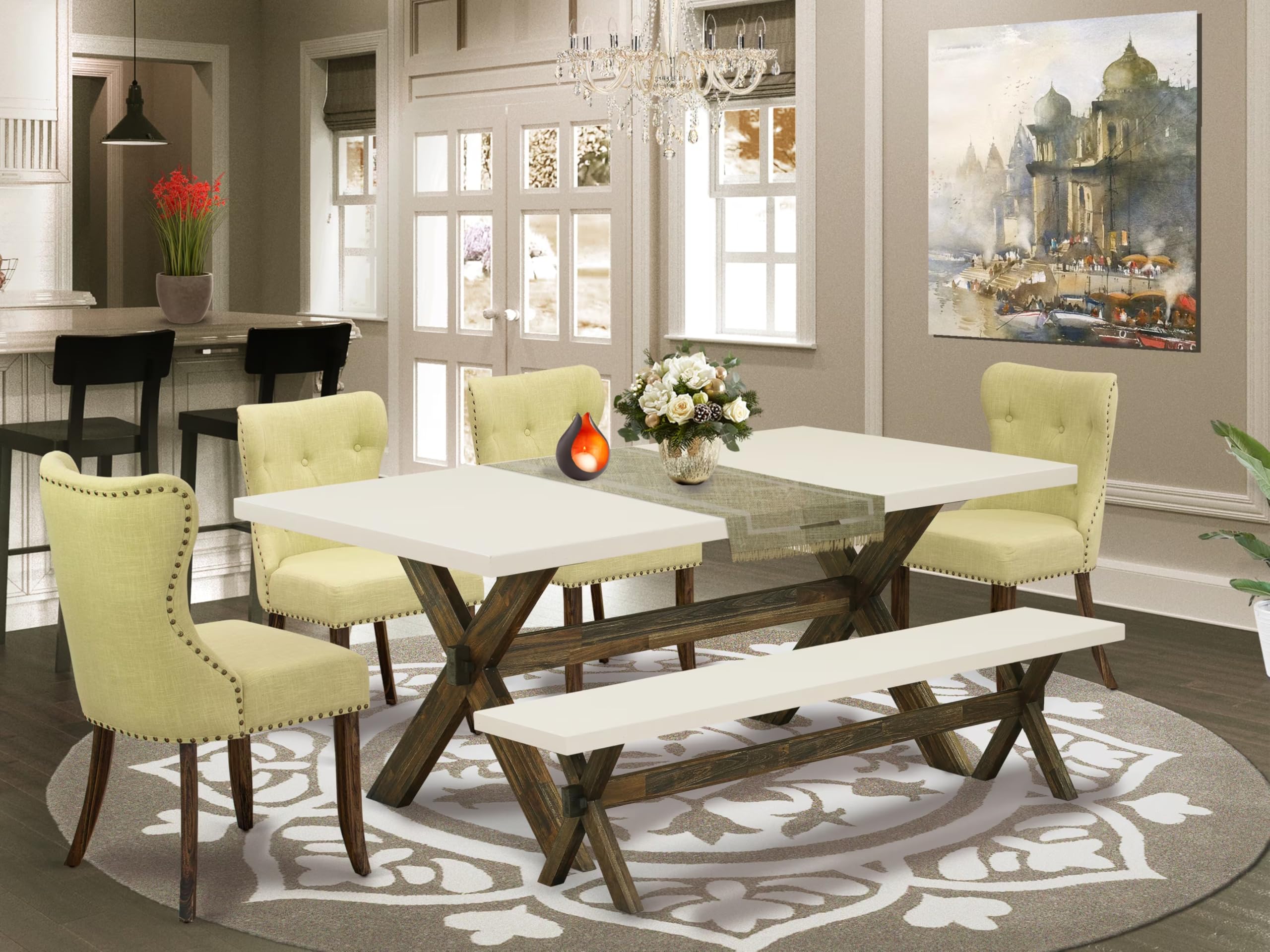 East West Furniture X727Si737-6 6 Piece Dining Table Set Contains A Rectangle Dining Room Table With X-Legs And 4 Limelight Linen Fabric Parson Chairs With A Bench, 40X72 Inch, Multi-Color