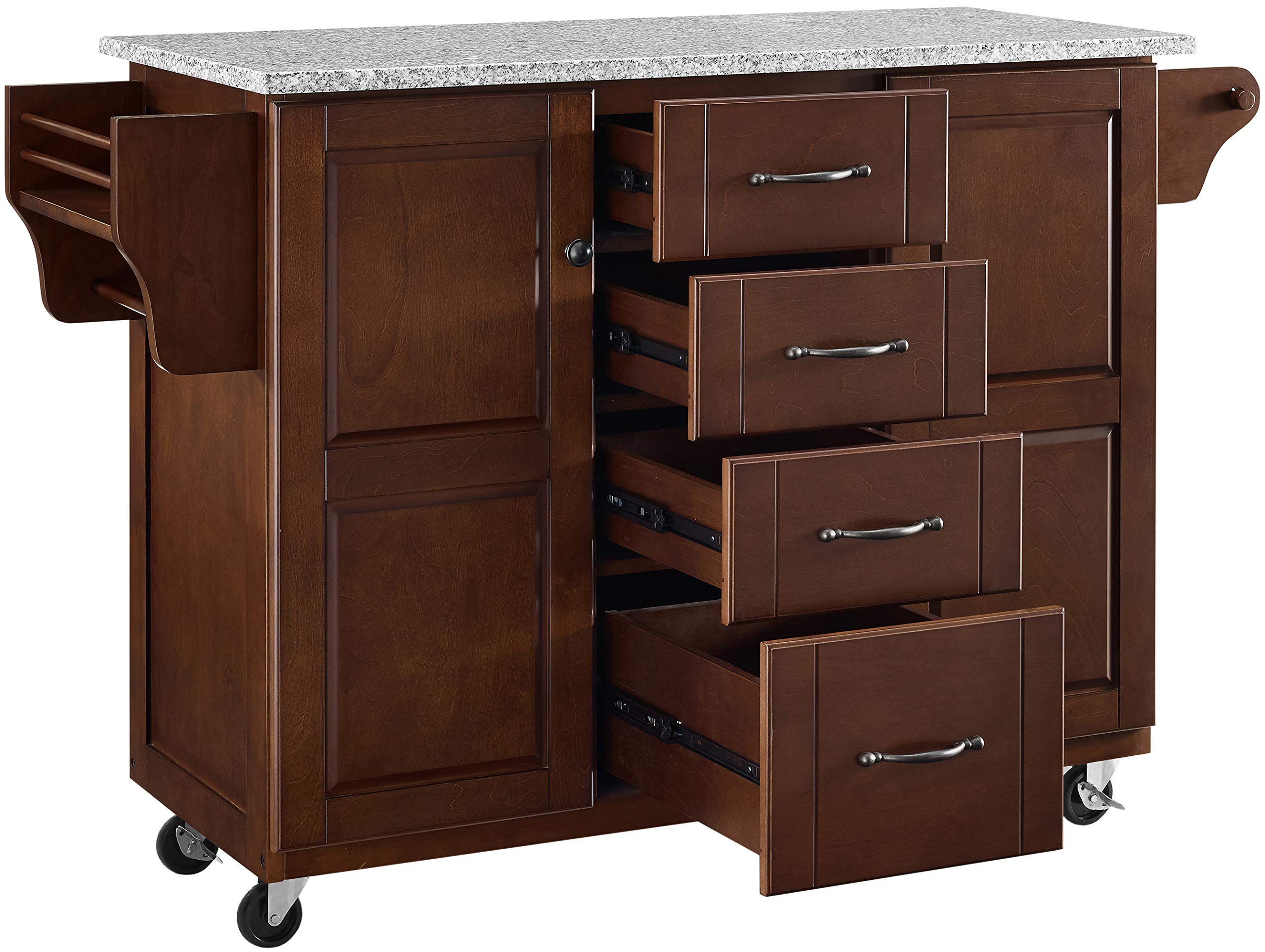 Crosley Furniture Eleanor Granite Top Rolling Cart Kitchen Island Spice Rack, Storage Drawers and Shelves, Mahogany
