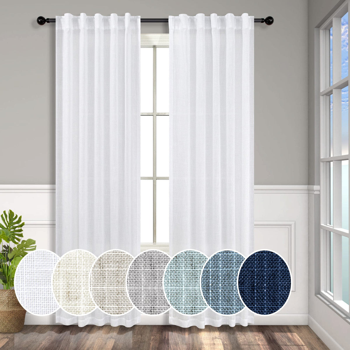 Pitalk White Linen Curtains 36 Inch Wide For Living Room 2 Panels Set Back Tab Drapes Rod Pocket Semi Sheer Light Reducing White