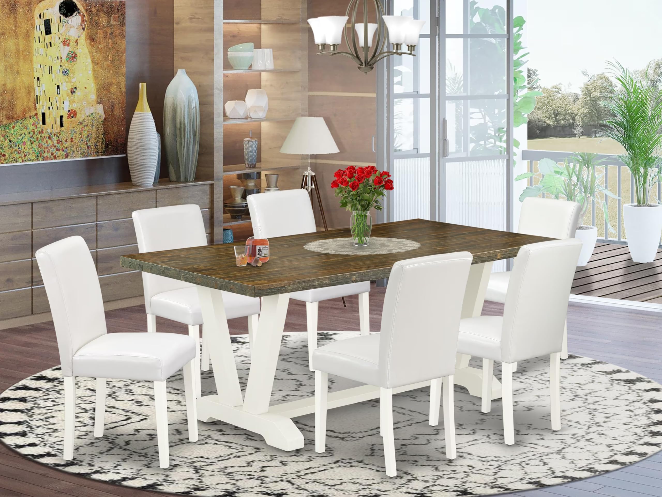 East West Furniture V077Ab264-7 7 Piece Kitchen Table Set Consist Of A Rectangle Dining Table With V-Legs And 6 White Faux Leather Parson Dining Chairs, 40X72 Inch, Multi-Color