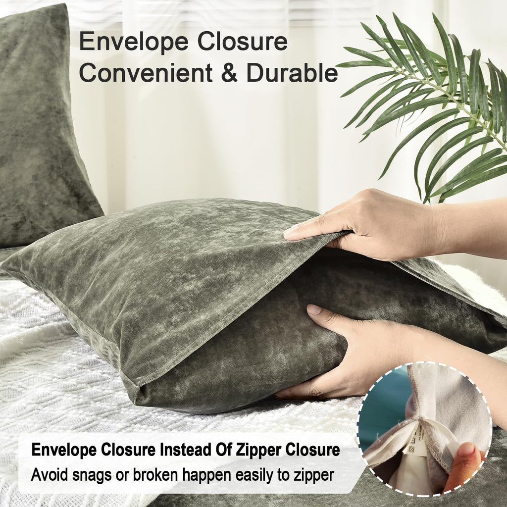Phf Truly Velvet Pillowcases Standard Size, No Insert, 2 Pack Ultra Soft Breathable Pillow Shams Covers With Envelope Closure, 20' X 26' Luxury Cozy Warm Fuzzy Flannel Pillow Cases, Smokey Olive