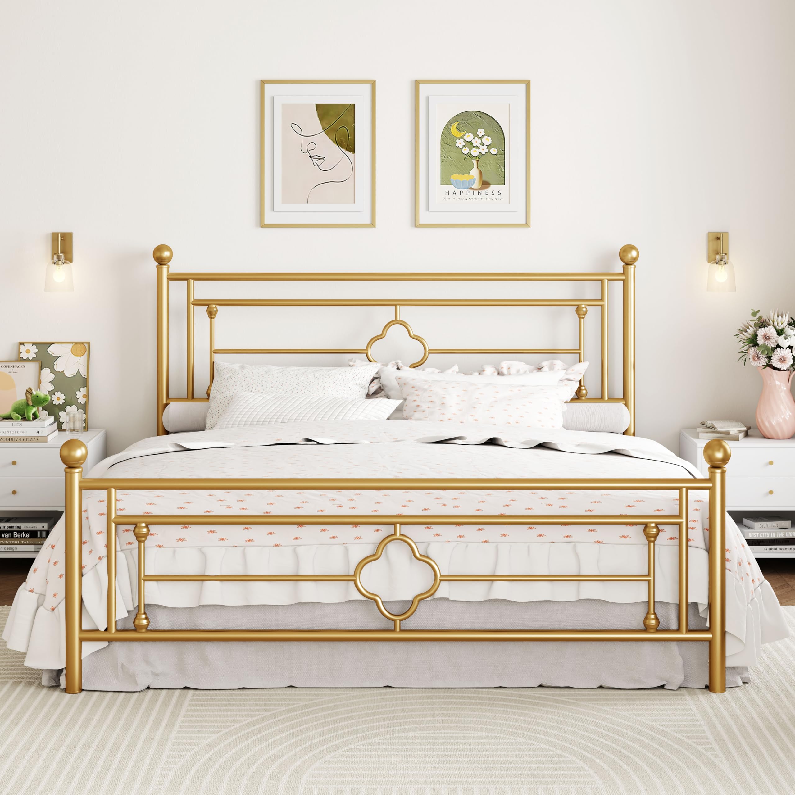 Sha Cerlin 14 Inches King Size Metal Platform Bed Frame/Vintage Iron-Art Headboard And Footboard/Mattress Foundation For Storage/No Box Spring Needed/Noise-Free/Easy Assembly/Gold