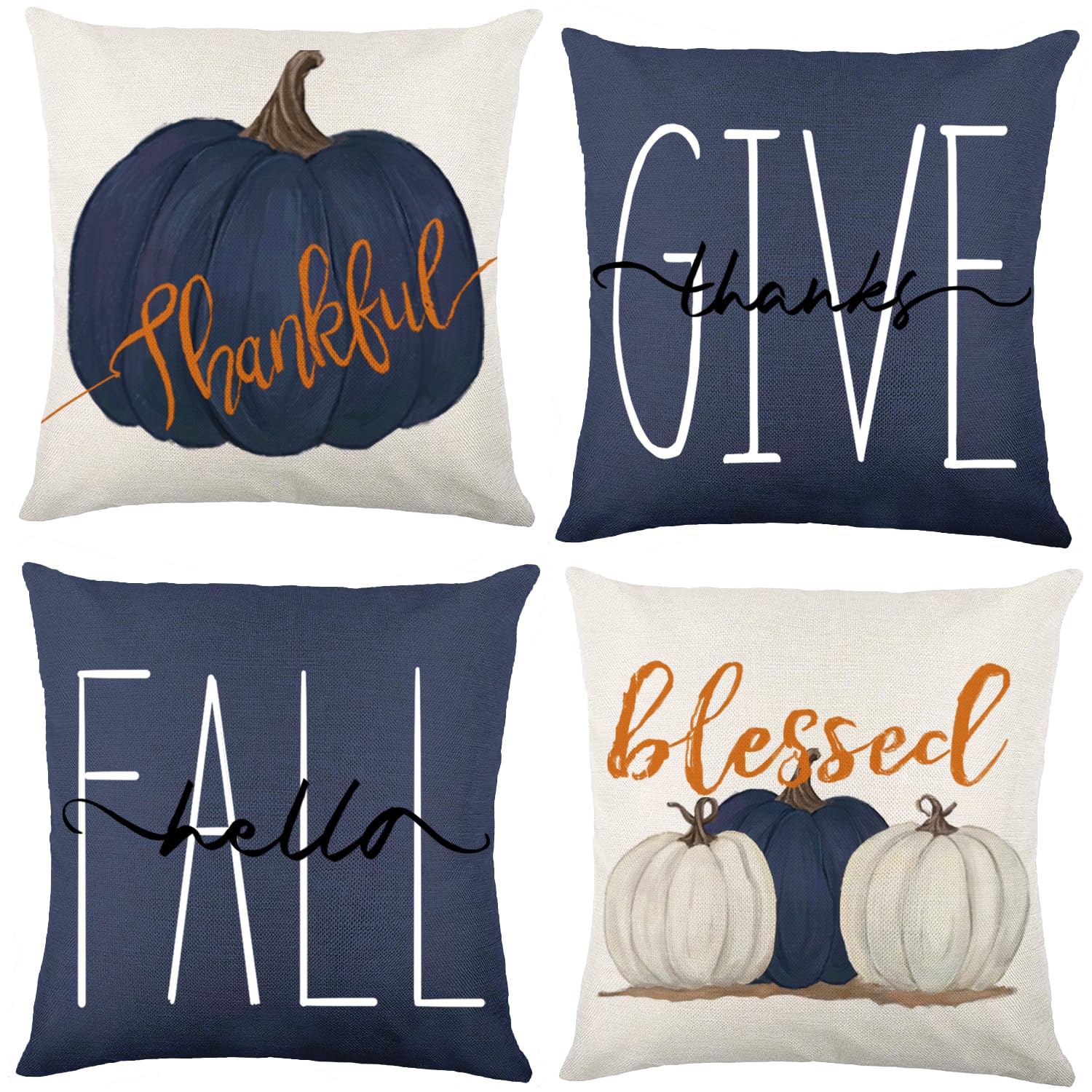 Vellibring Fall Pillow Covers 20 X 20 Inch Blue Pumpkins Throw Pillow Covers For Farmhouse Autumn Cushion Covers Thanksgiving Pi