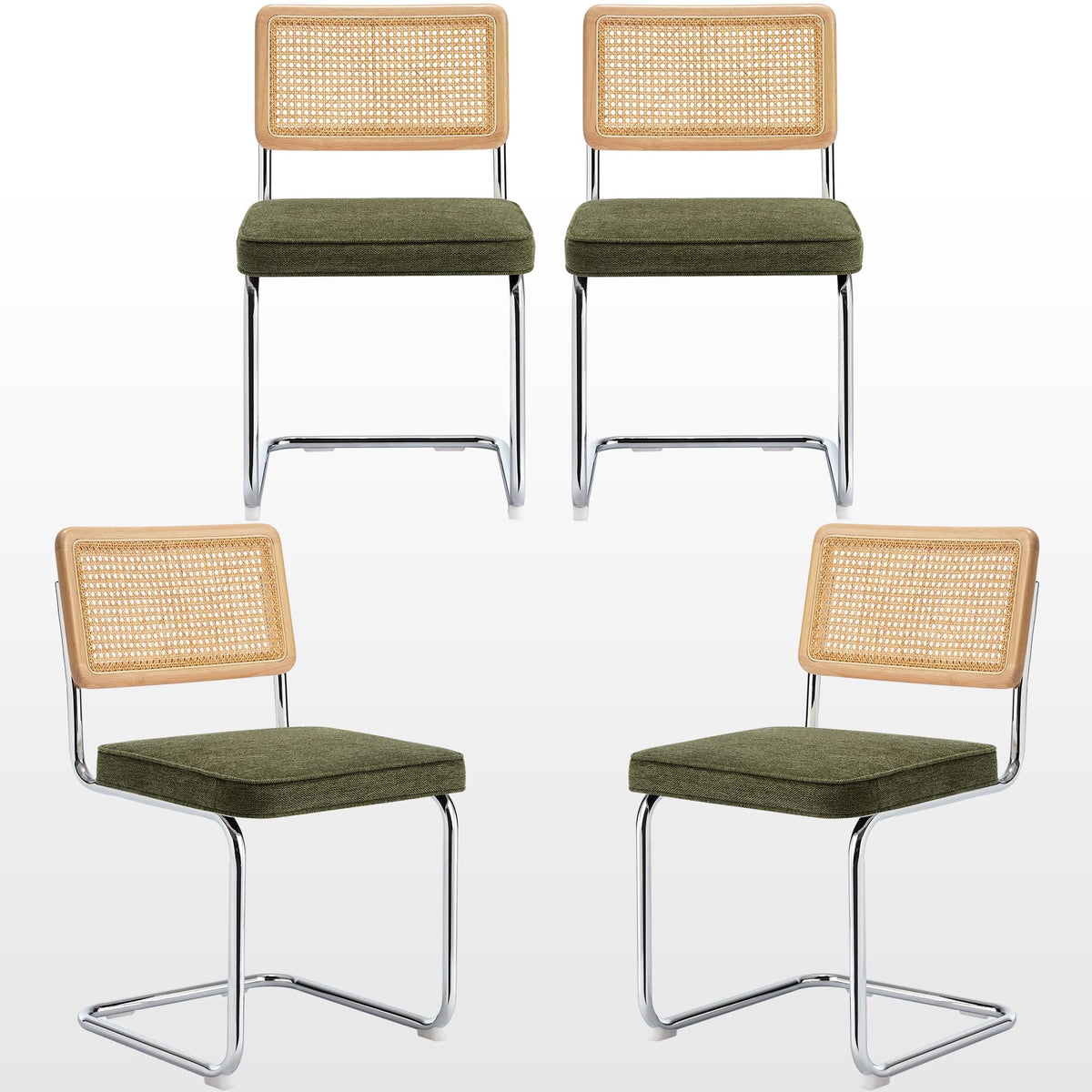 Zesthouse Natural Rattan Dining Chairs Set Of 4, Mid Century Modern Dining Chairs With Solid Wood Back & Chrome Base, For Kitche