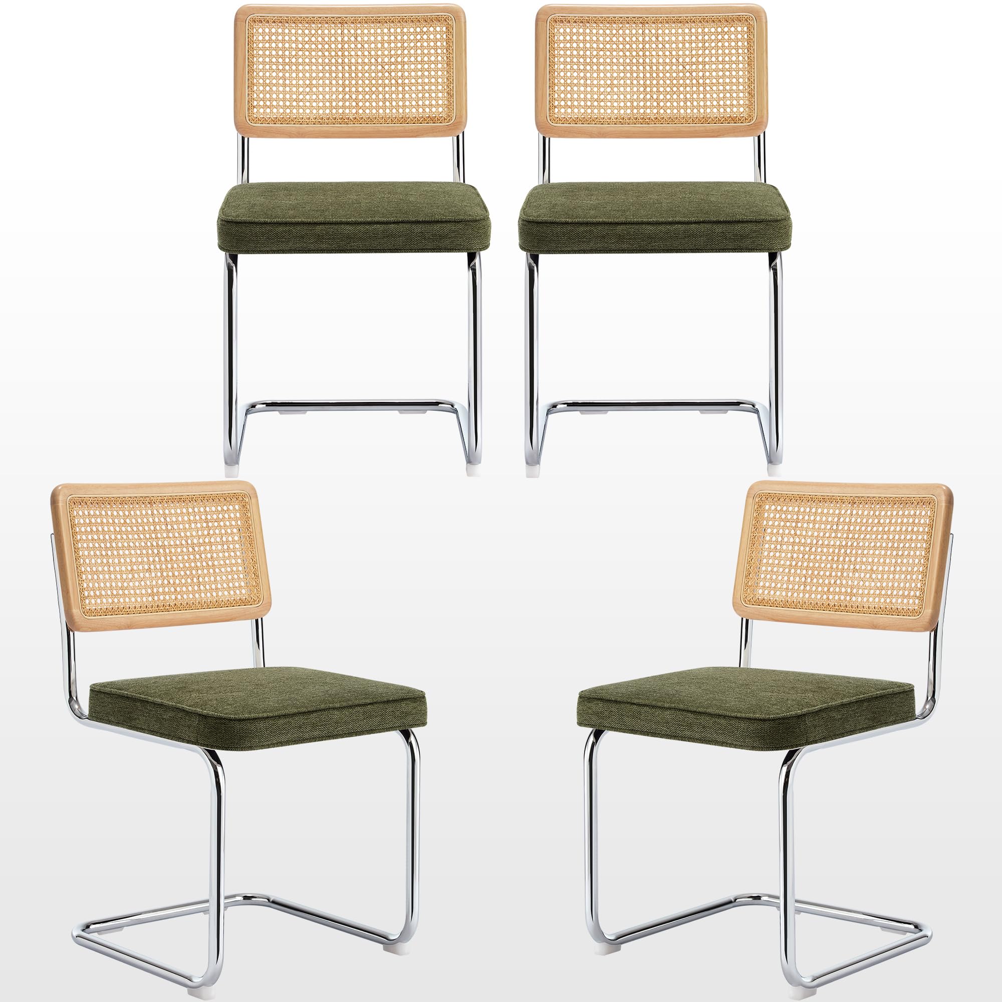 Zesthouse Natural Rattan Dining Chairs Set Of 4, Mid Century Modern Dining Chairs With Solid Wood Back & Chrome Base, For Kitche