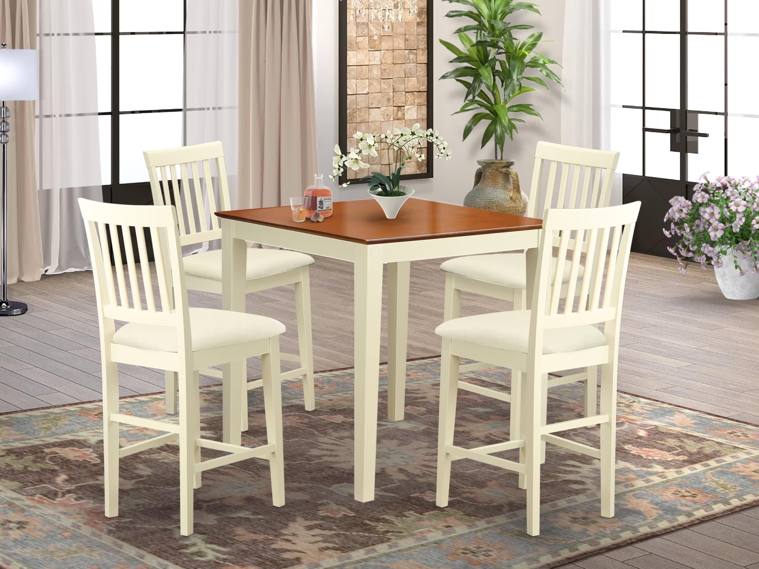 East West Furniture VERN5-WHI-C 5 Piece Counter Height Dining Set Includes a Square Dinette Table and 4 Linen Fabric Kitchen Dining Chairs, 36x36 Inch, Buttermilk & Cherry