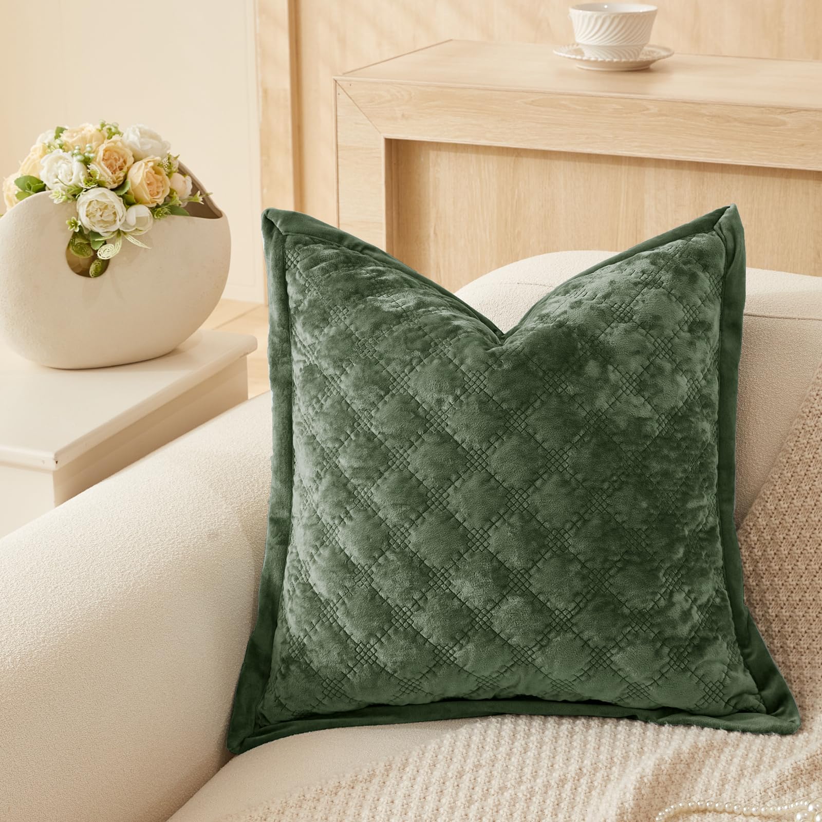 Cocoploceus 1 Piece 18X18 Pillow Cover Green Velvet Quilted Pillow Cover Farmhouse Square Cushion Cover Soft Decorative Texture
