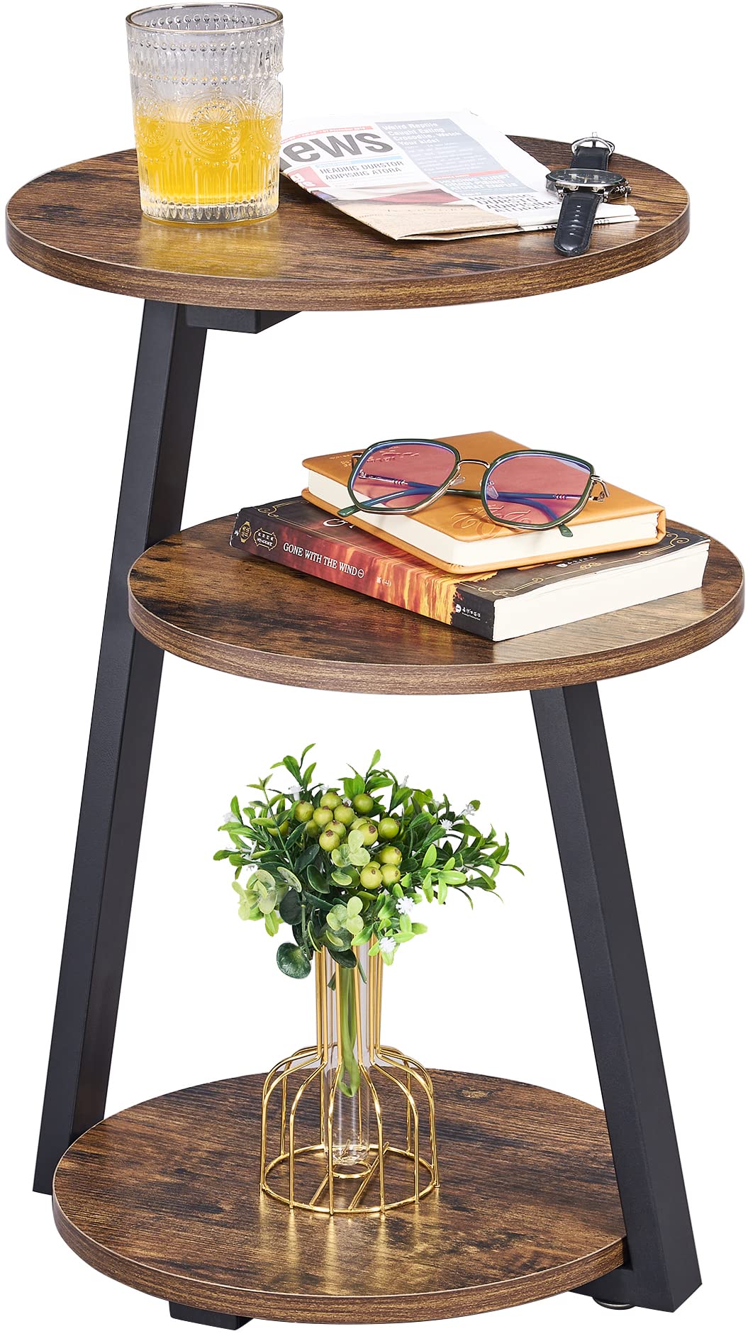 BEWISHOME Round End Table Side Table with Metal Frame, Accent Table Nightstand Bedside Table with 3-Tier Shelves for Living Room