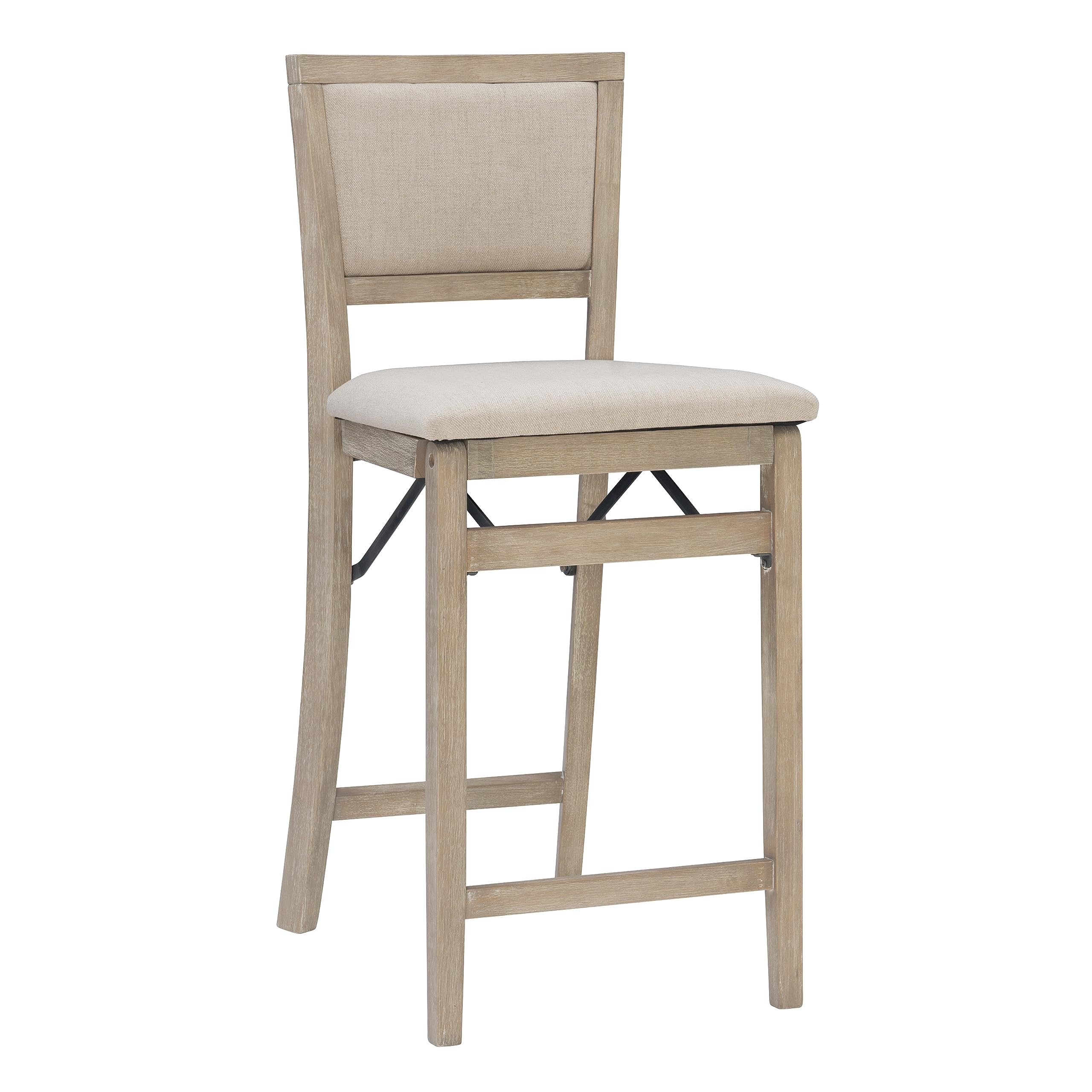 Linon Keira Natural Rustic Wooden Folding 25 Inch Seat Height Counter Stool with Beige Upholstered Seat and Back