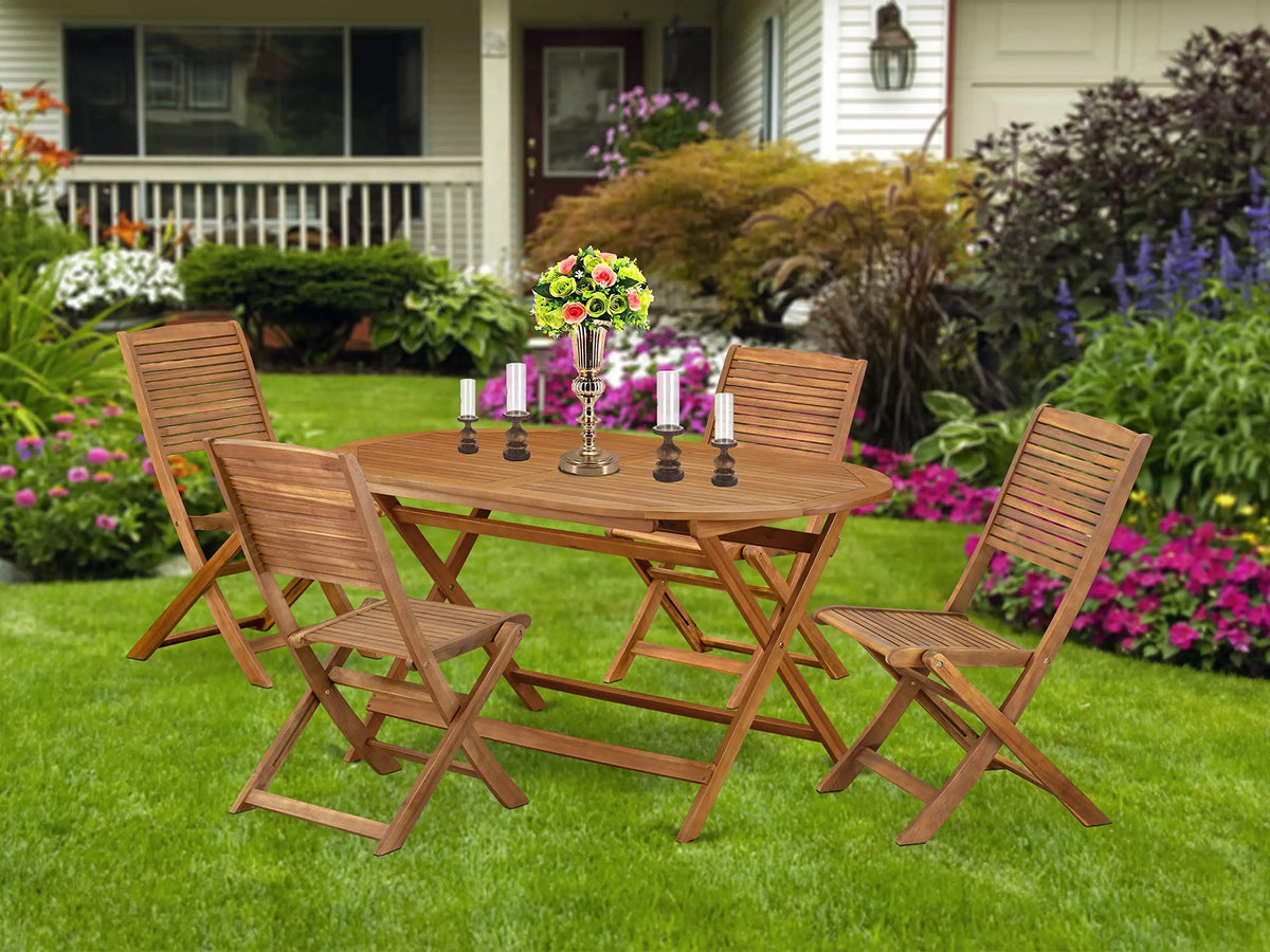 East West Furniture Diboll 5 Piece Patio Garden Set Includes An Oval Outdoor Acacia Wood Dining Table And 4 Folding Side Chairs, 36X60 Inch, Natural Oil