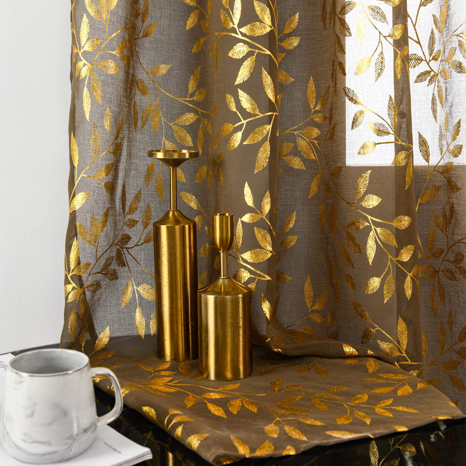 Sutuo Home Taupe Sheer Curtains 96 Inches Long 2 Panels Set,Gold Foil Print Metallic Bronzing Leaves, Privacy Window Treatment D