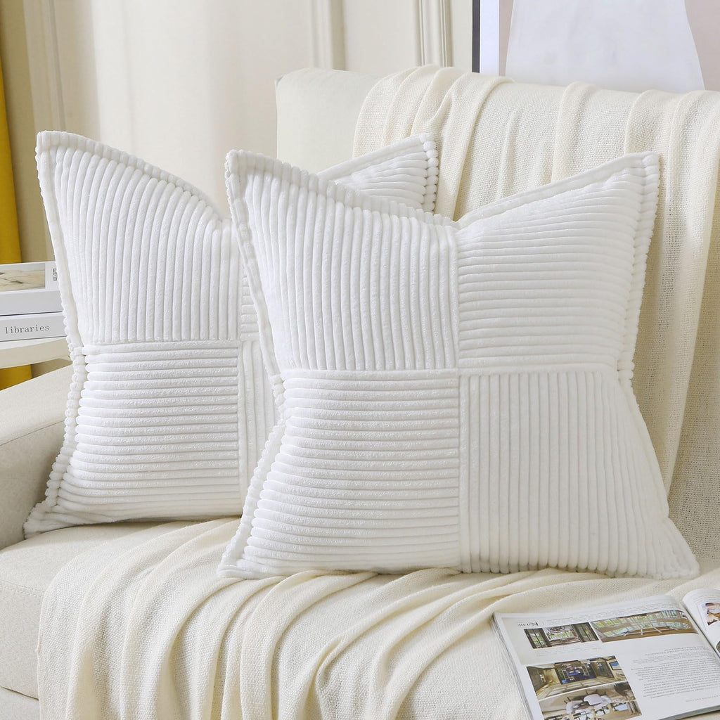 Haussy Pure White Large Decorative Throw Pillow Covers 26X26 Inch Set Of 2,Soft Solid Corduroy Striped Cushion Case,Square Euro