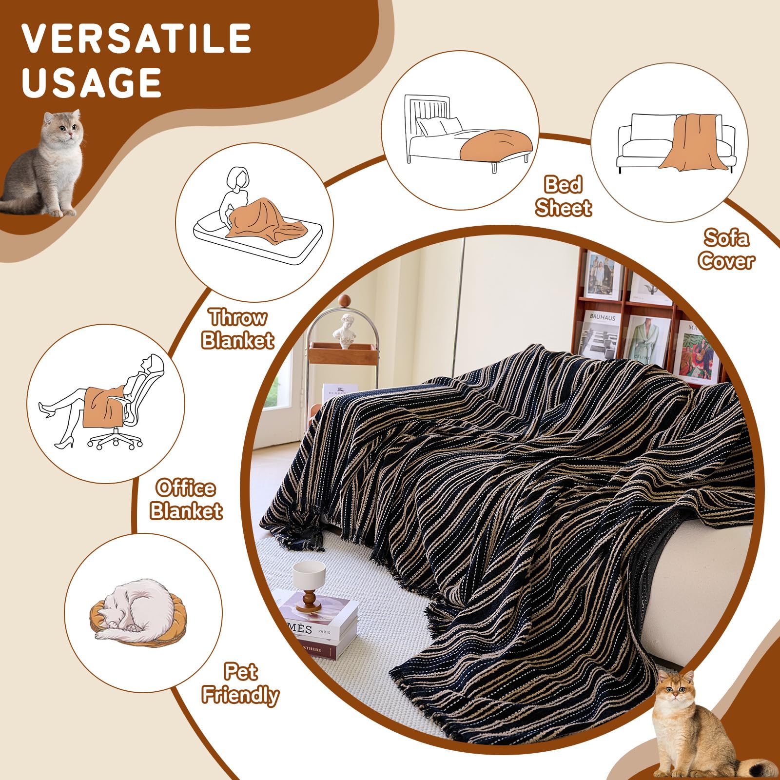 Handontime Couch Covers For Sofa Black Sofa Cover For 3 Cushion Sofa With Tassel Khaki Jacquard Striped Chenille Sofa Covers Was