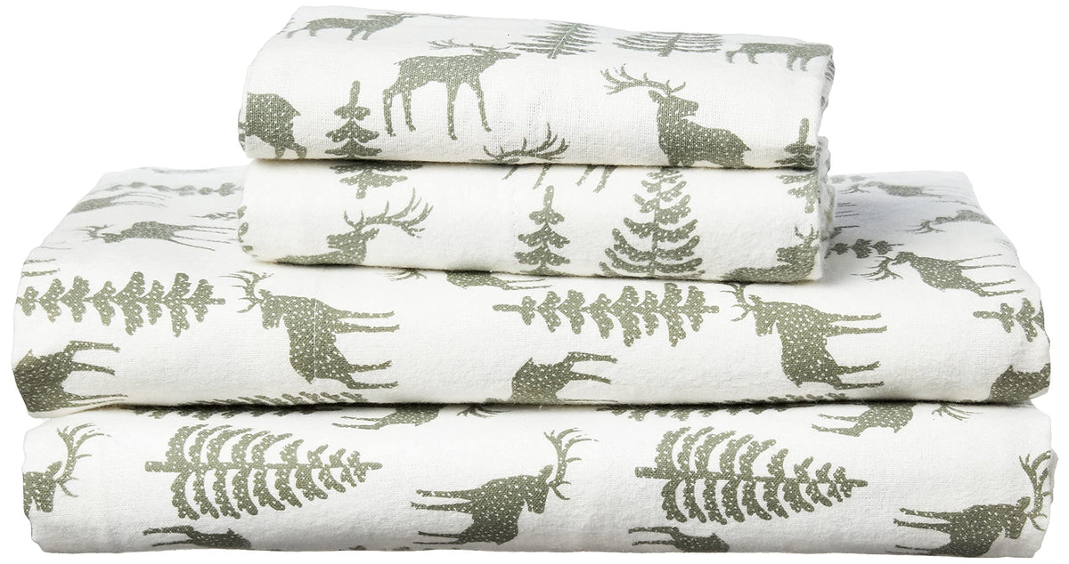 Brielle Home Flannel Sheet Set Cotton Soft Warm & Cozy Modern Chic With Elastic Deep Pockets, Queen, Deer Ivory