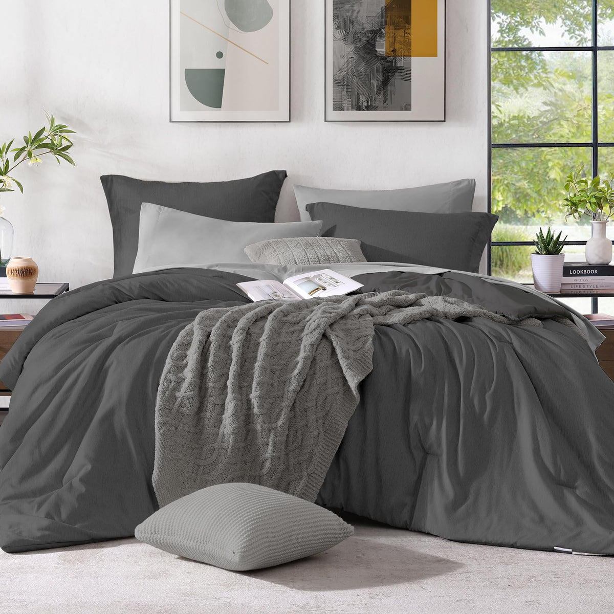Monbix Full Size Comforter Set, Dark Grey Bedding Comforter For Full Size Bed Set Reversible, Bedding Sets Full 7 Pieces, Cation