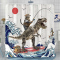 Fowocu 84 Inch Extra Long Funny Cat Dinosaur Shower Curtain Fun Kitten Fishing Japanese Ocean Wave Waterproof Fabric Shower Curt