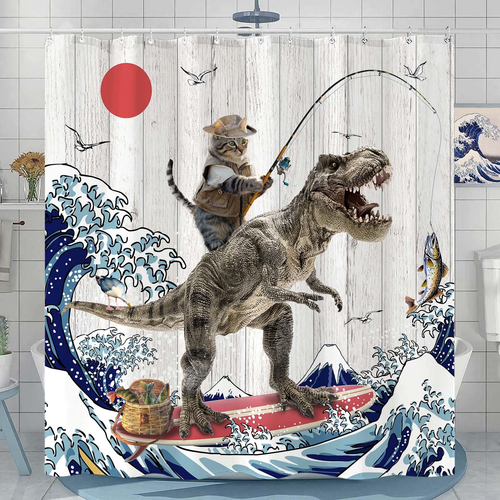 Fowocu 84 Inch Extra Long Funny Cat Dinosaur Shower Curtain Fun Kitten Fishing Japanese Ocean Wave Waterproof Fabric Shower Curt